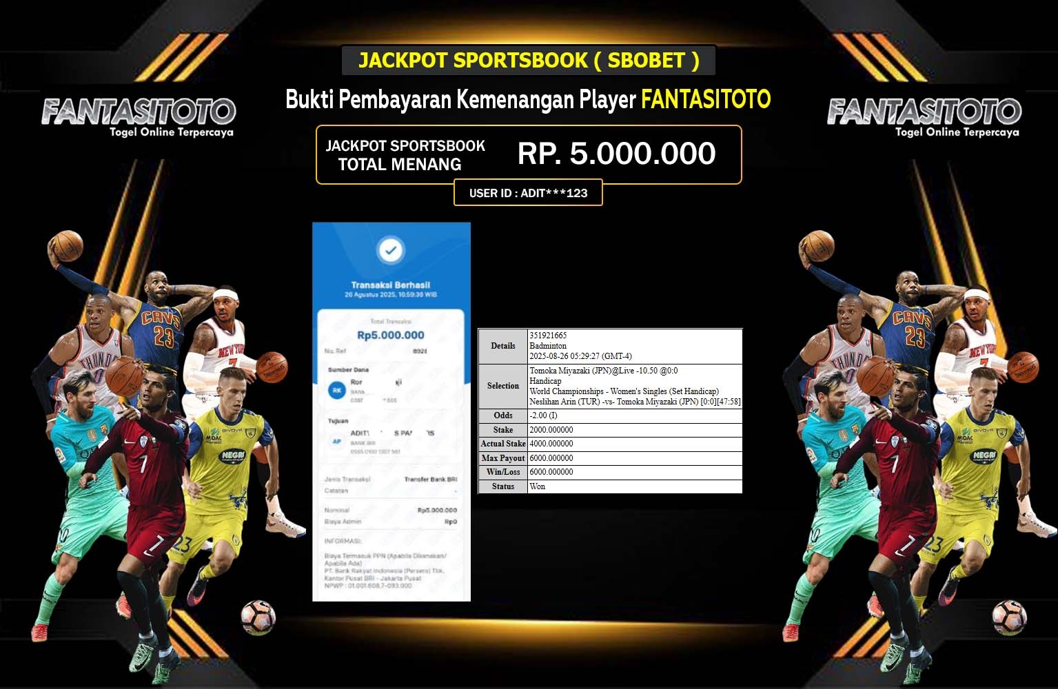 FANTASITOTO JACKPOT SPORTSBOOK (SBOBET) Rp.5.000.000,- LUNAS