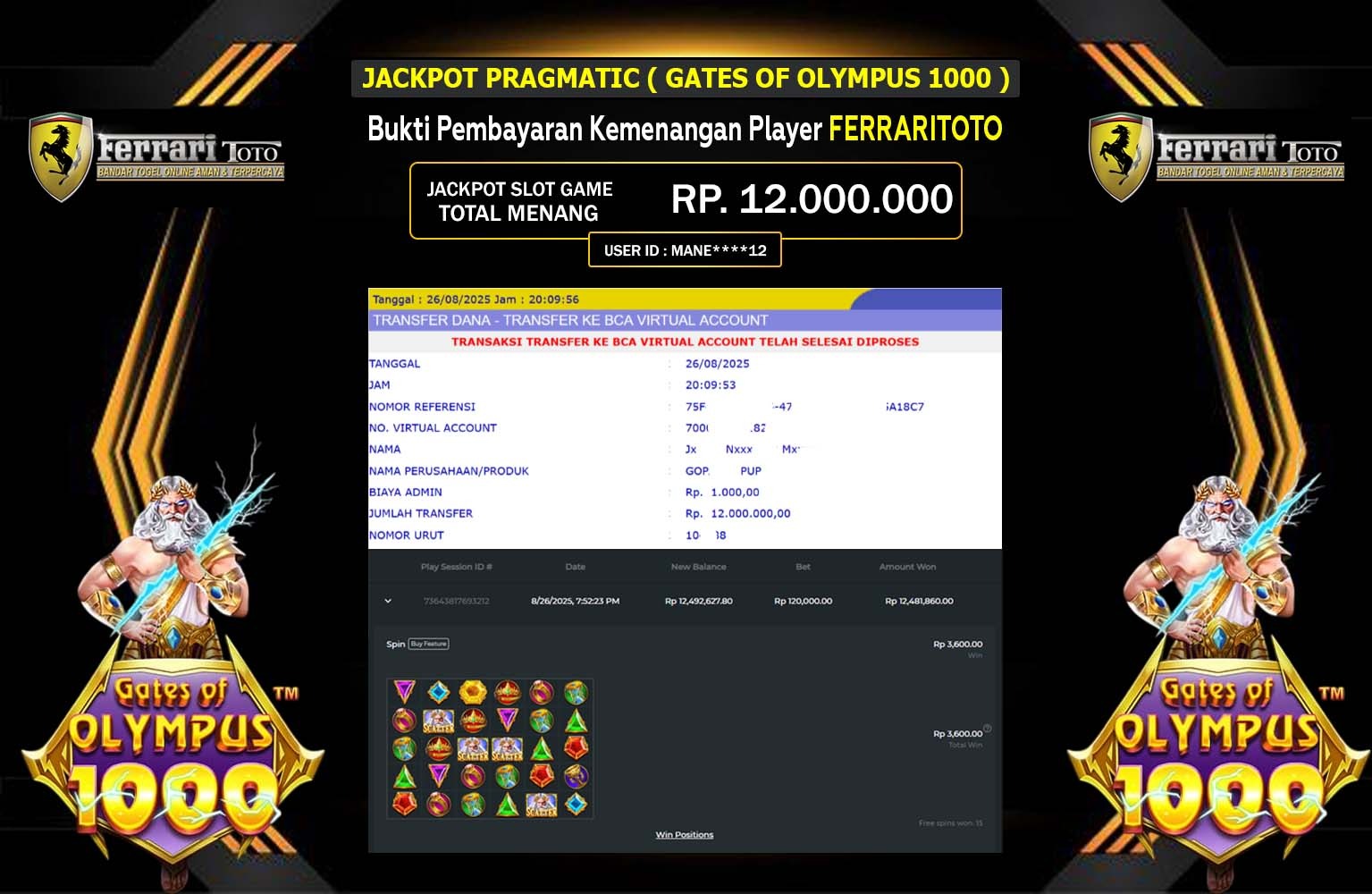 FERRARITOTO JACKPOT PRAGMATIC (GATES OF OLYMPUS 1000) Rp.12.000.000,- LUNAS