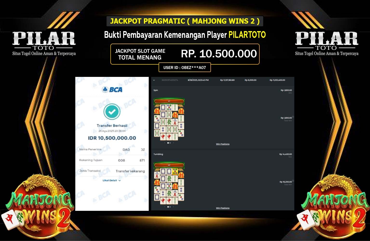 PILARTOTO JACKPOT PRAGMATIC (MAHJONG WINS 2) Rp.10.500.000,- LUNAS