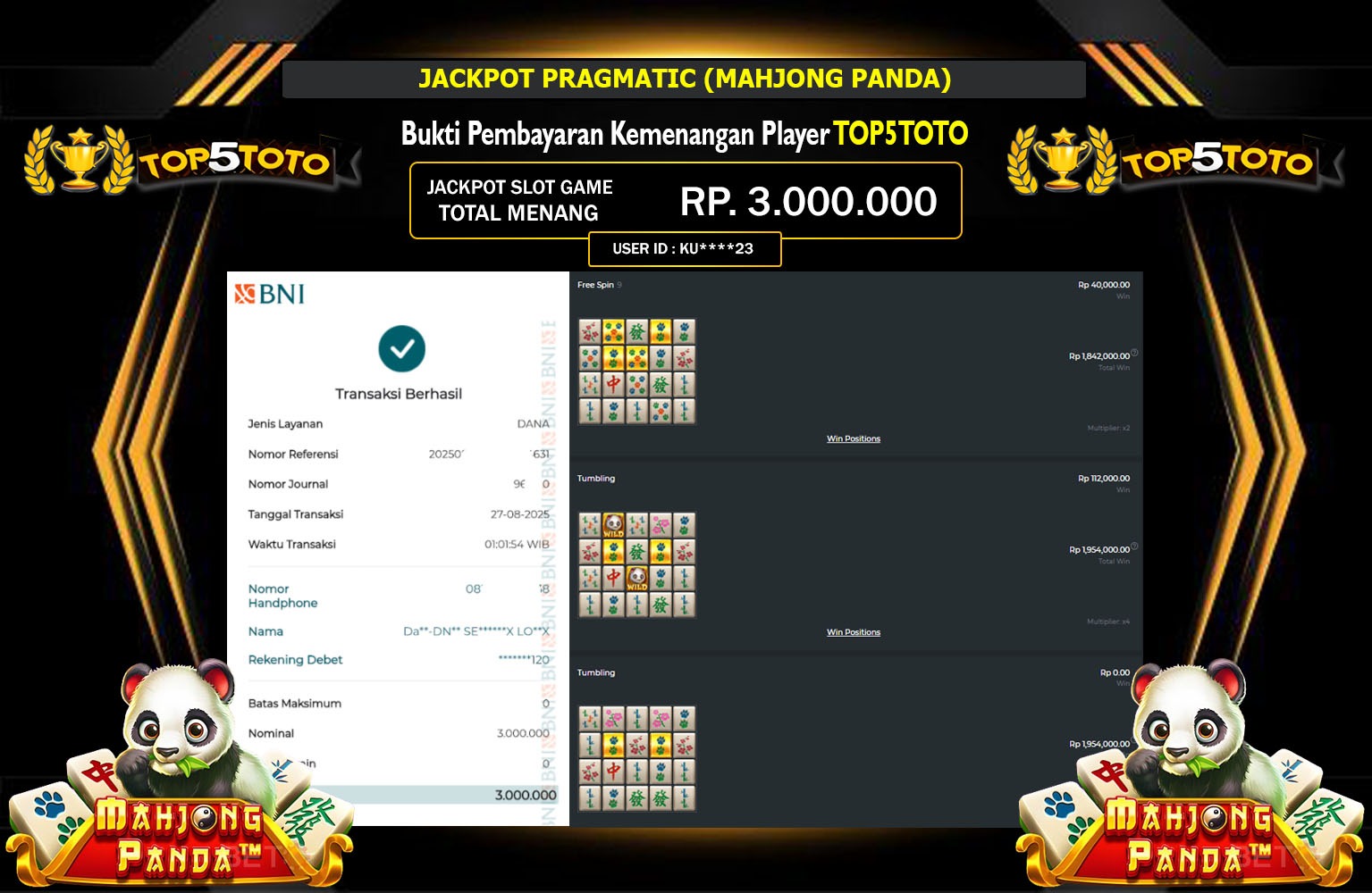 TOP5TOTO JACKPOT PRAGMATIC (MAHJONG PANDA) Rp.3.000.000,- LUNAS