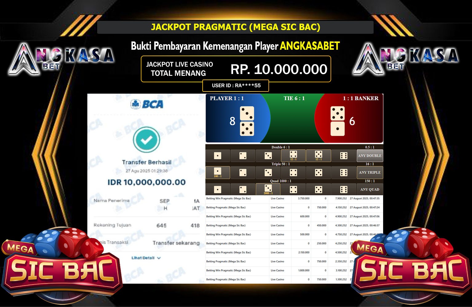 ANGKASABET JACKPOT PRAGMATIC (MEGA SIC BAC) Rp.10.000.000,- LUNAS