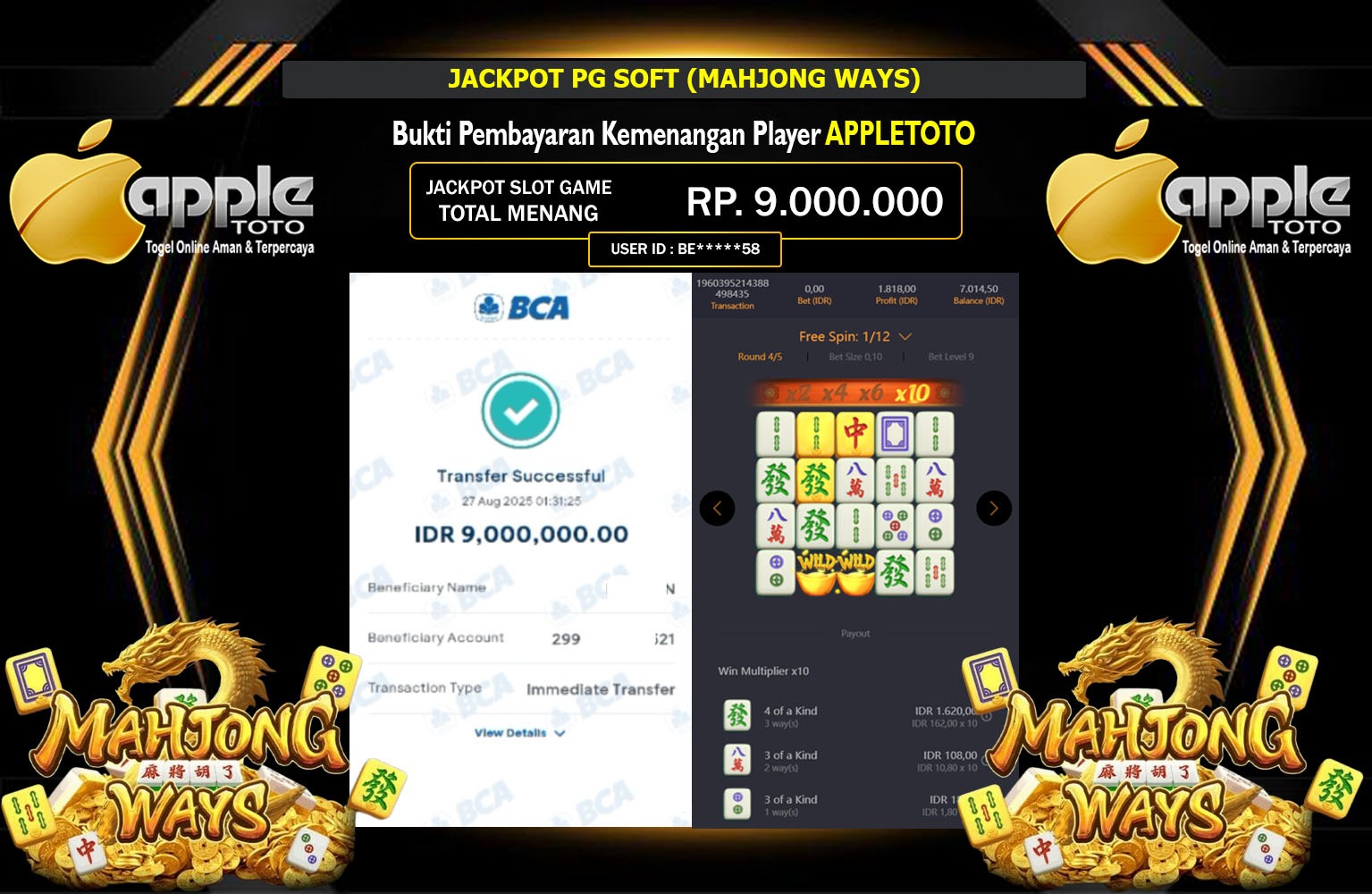 APPLETOTO JACKPOT PG SOFT (MAHJONG WAYS) Rp.9.000.000,- LUNAS