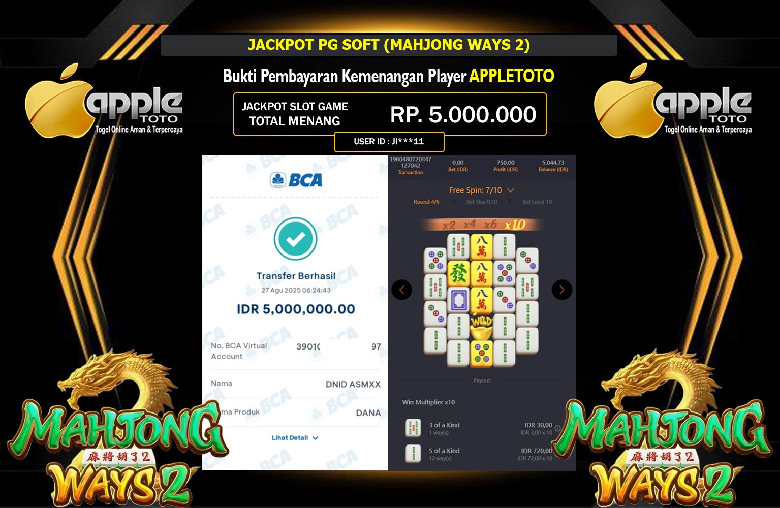 APPLETOTO JACKPOT PG SOFT (MAHJONG WAYS 2) Rp.5.000.000,- LUNAS