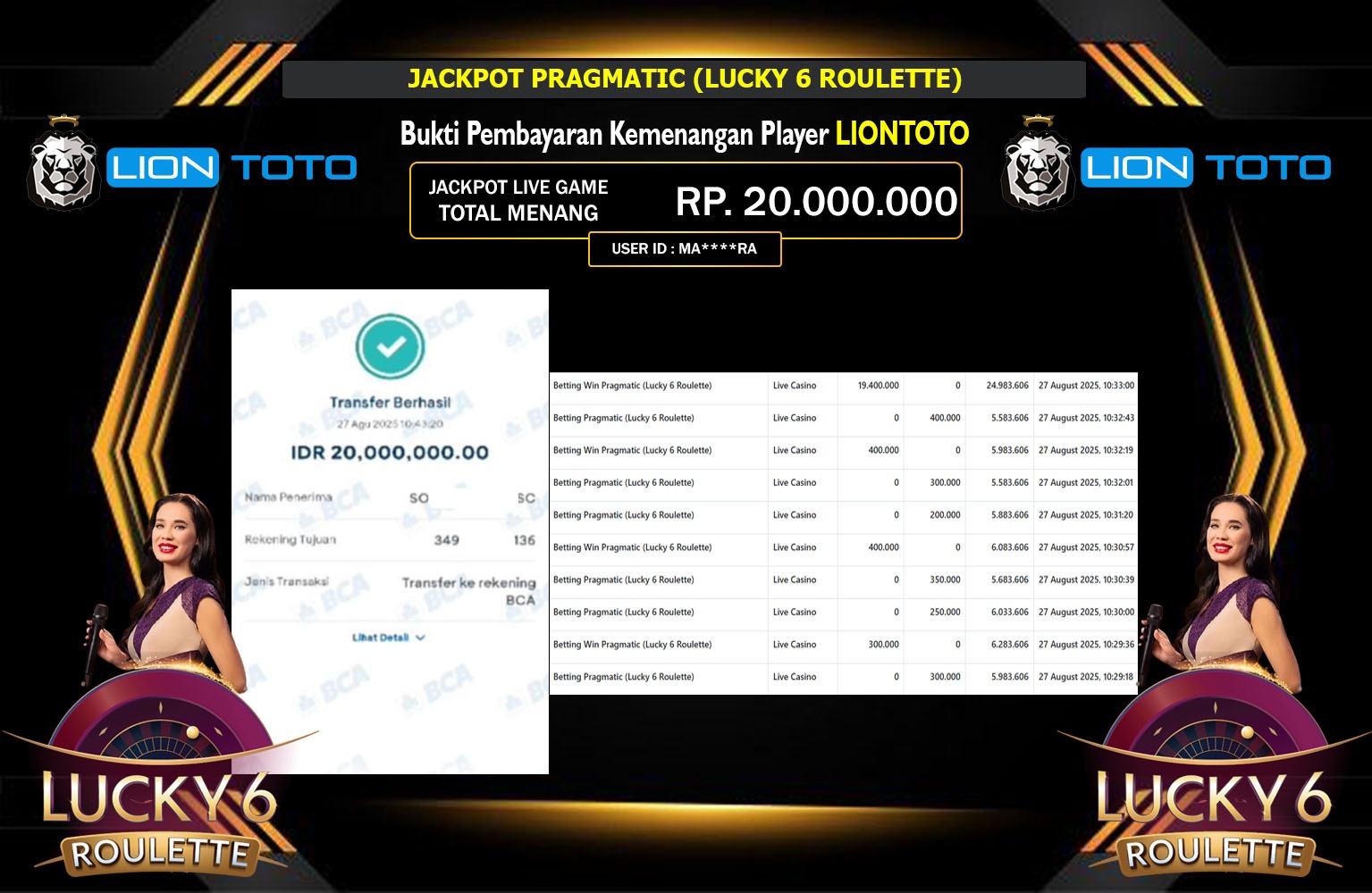 LIONTOTO JACKPOT PRAGMATIC (LUCKY 6 ROULETTE) Rp.20.000.000,- LUNAS
