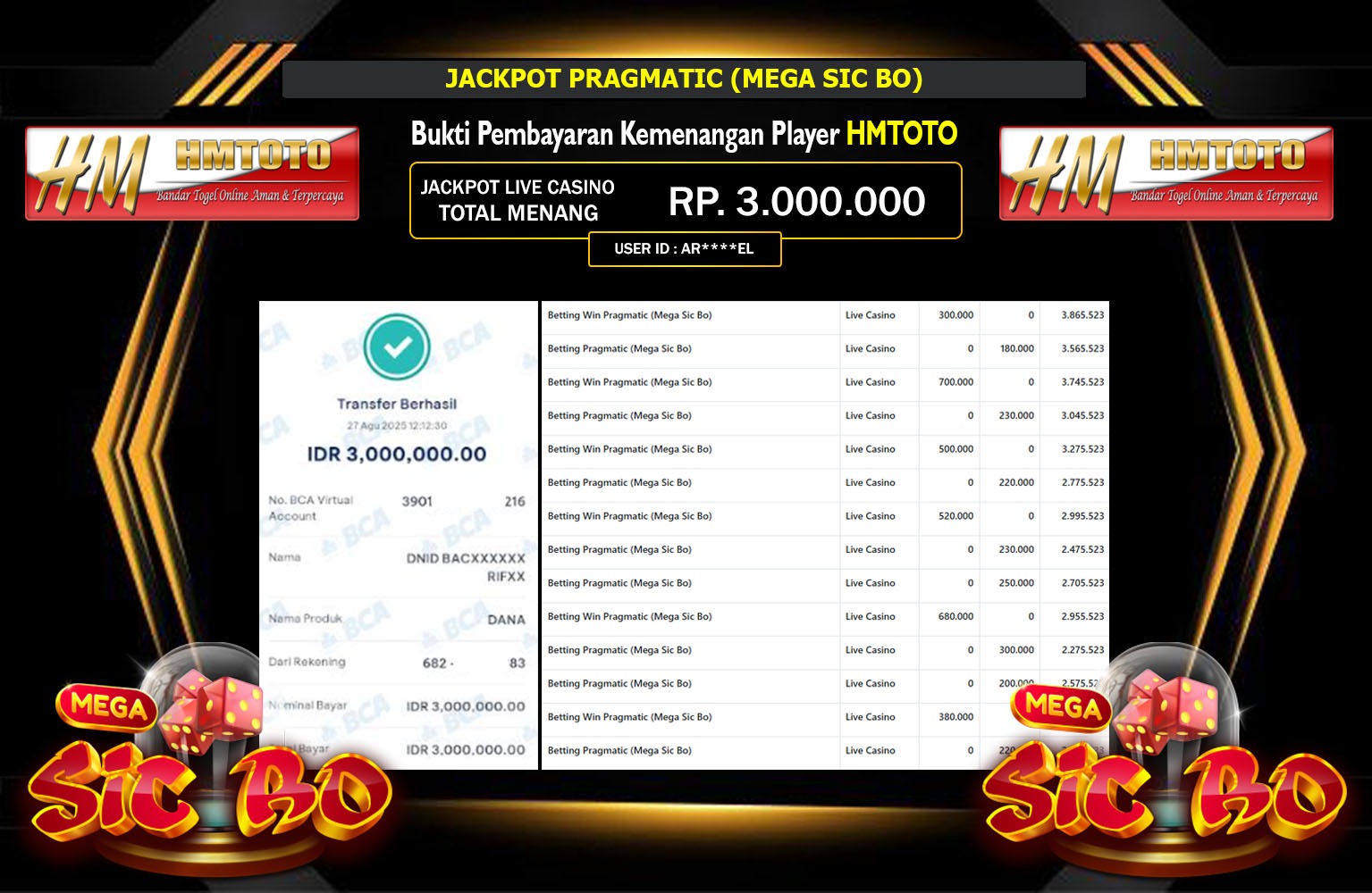 HMTOTO JACKPOT PRAGMATIC (MEGA SIC BO) Rp.3.000.000,- LUNAS