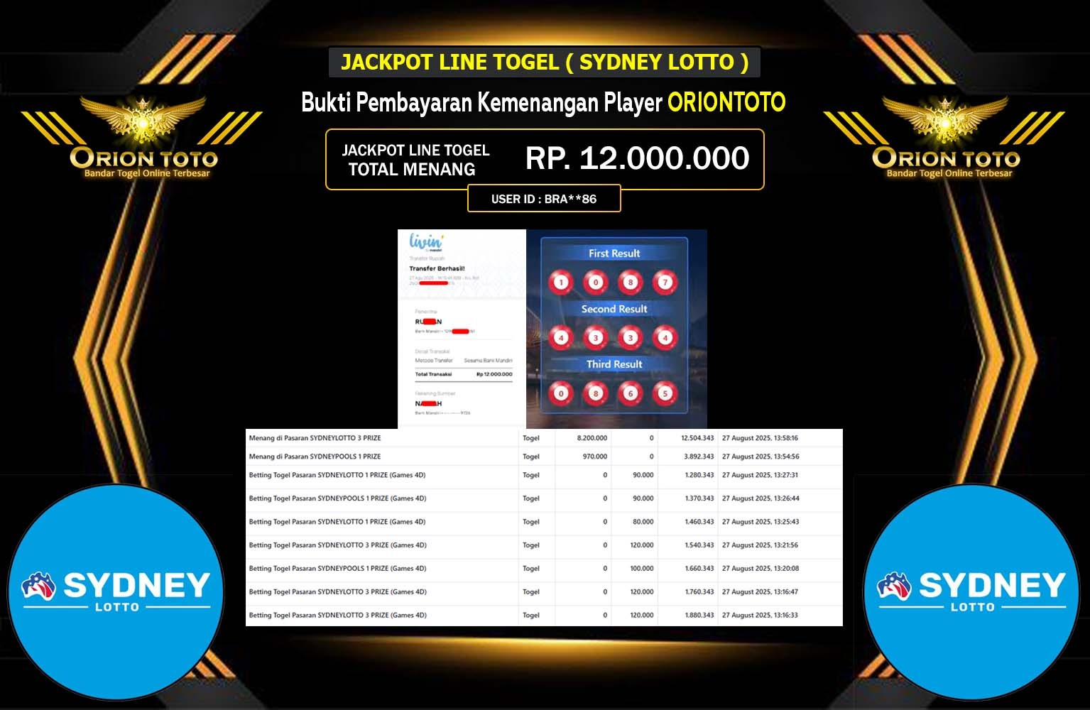 ORIONTOTO JACKPOT LINE TOGEL (SYDNEY LOTTO) Rp.12.000.000,- LUNAS