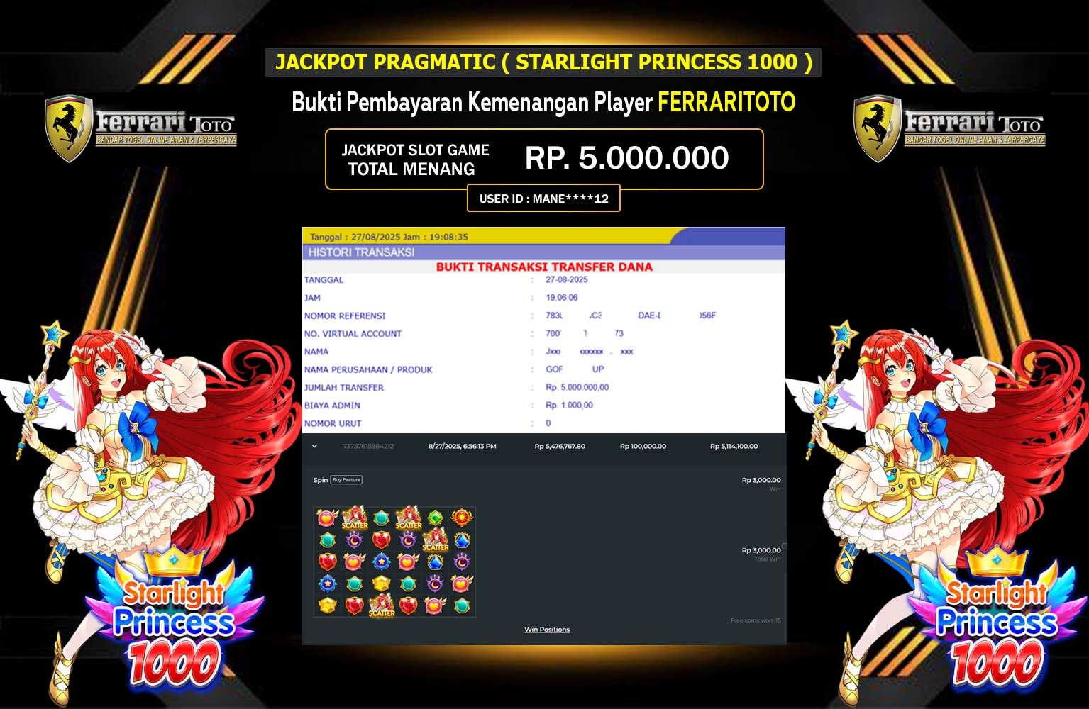 FERRARITOTO JACKPOT PRAGMATIC (Starlight Princess 1000) Rp.5.000.000,- LUNAS