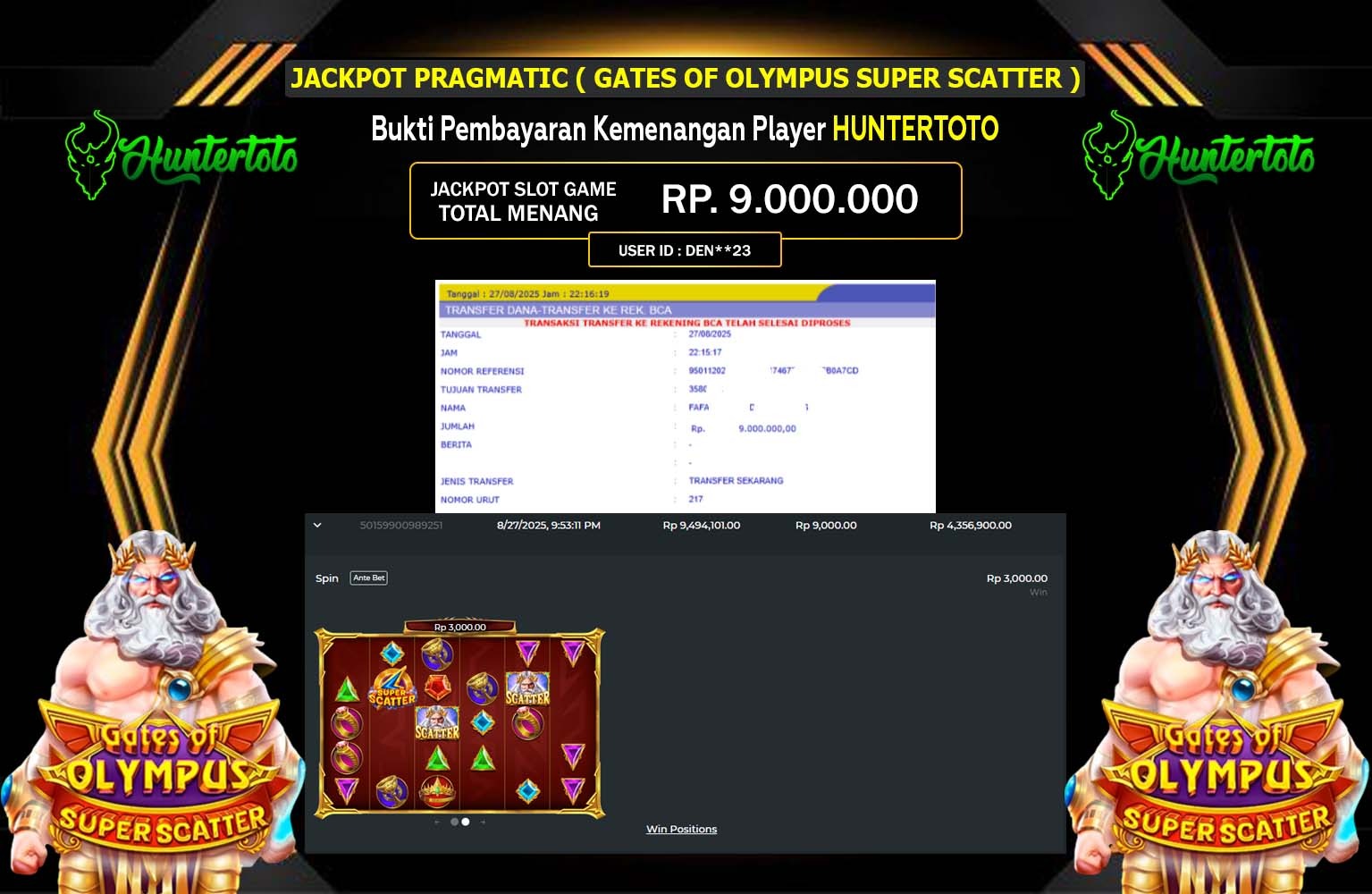 HUNTERTOTO JACKPOT PRAGMATIC (GATES OF OLYMPUS SUPER SCATTER) Rp.9.000.000,- LUNAS