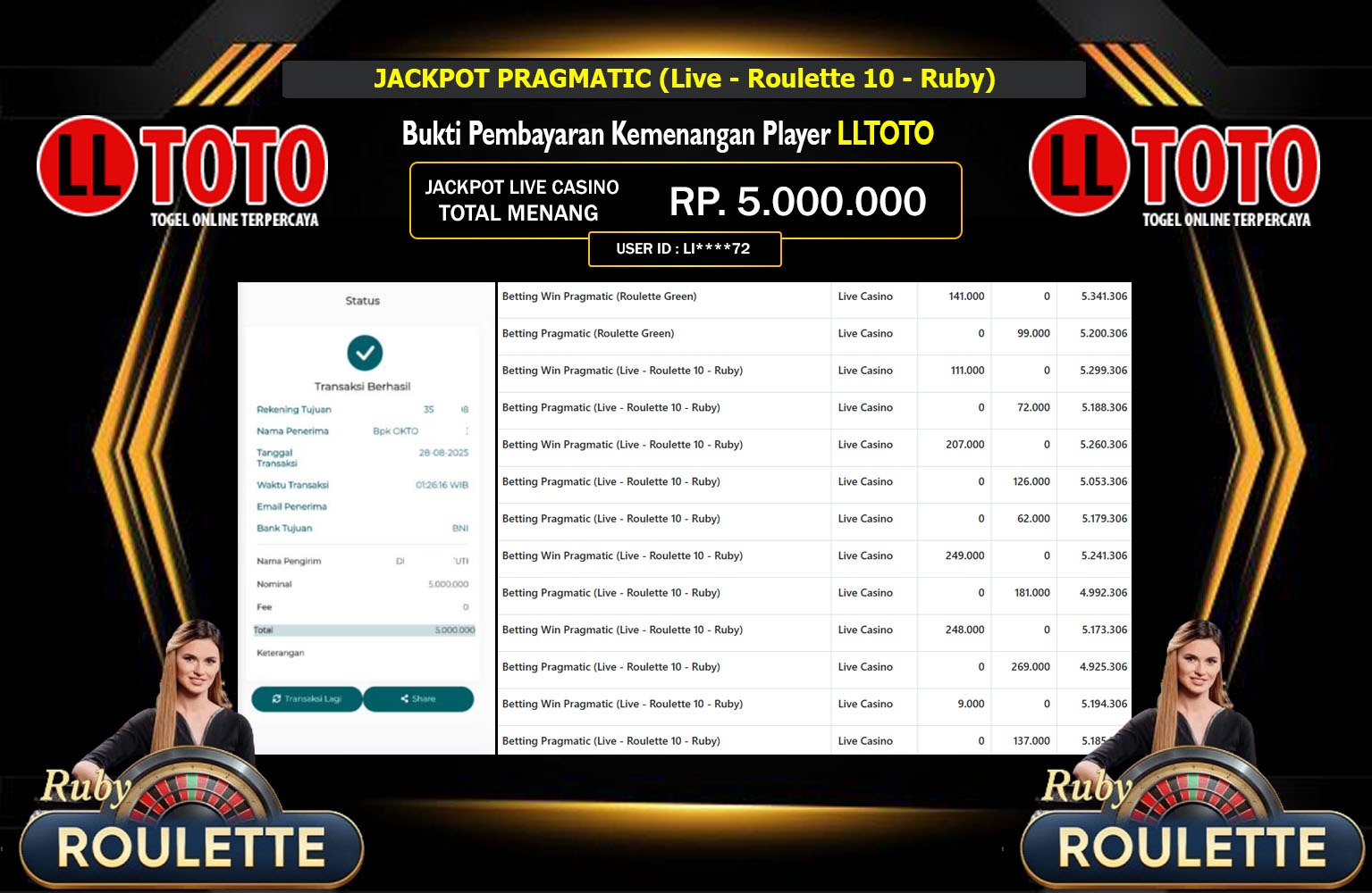 LLTOTO JACKPOT PRAGMATIC (LIVE - ROULETTE 10 - RUBY) Rp.5.000.000,- LUNAS