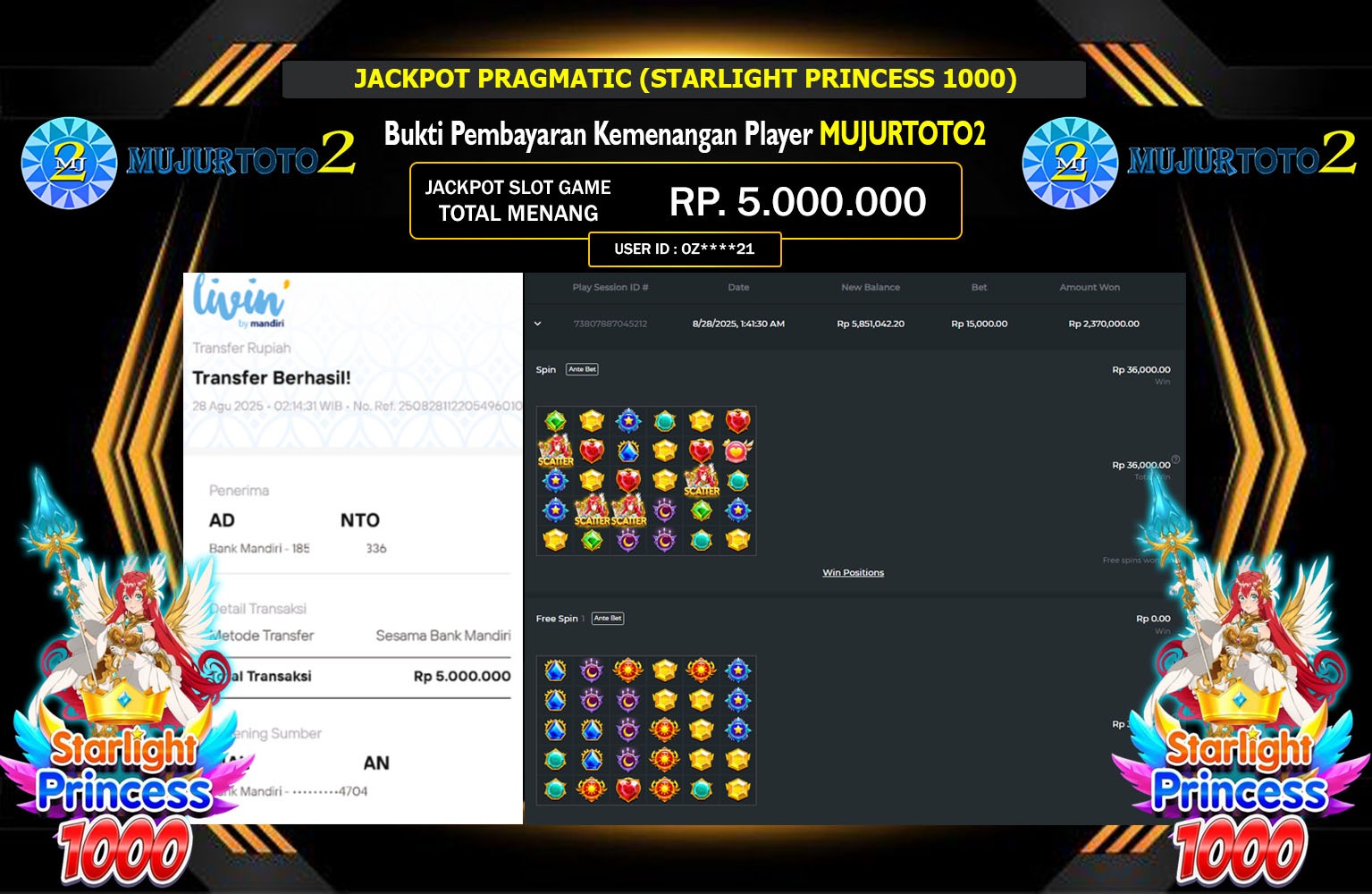 MUJURTOTO2 JACKPOT PRAGMATIC (STARLIGHT PRINCESS 1000) Rp.5.000.000,- LUNAS