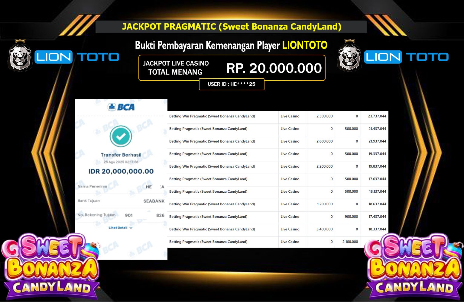 LIONTOTO JACKPOT PRAGMATIC (SWEET BONANZA CANDYLAND) Rp.20.000.000,- LUNAS