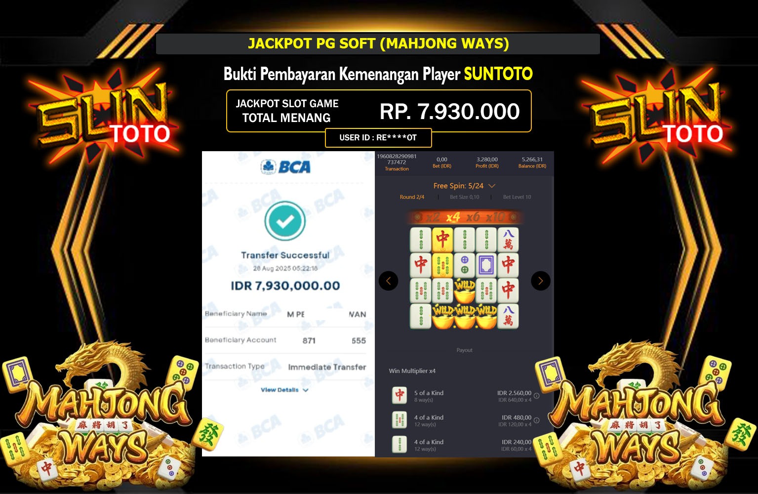 SUNTOTO JACKPOT PG SOFT (MAHJONG WAYS) Rp.7.930.000,- LUNAS