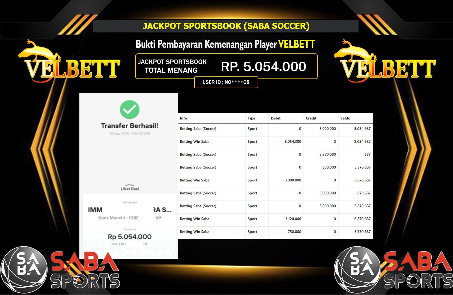 VELBETT JACKPOT SPORTSBOOK (SABA SPCCER) Rp.5.054.000,- LUNAS