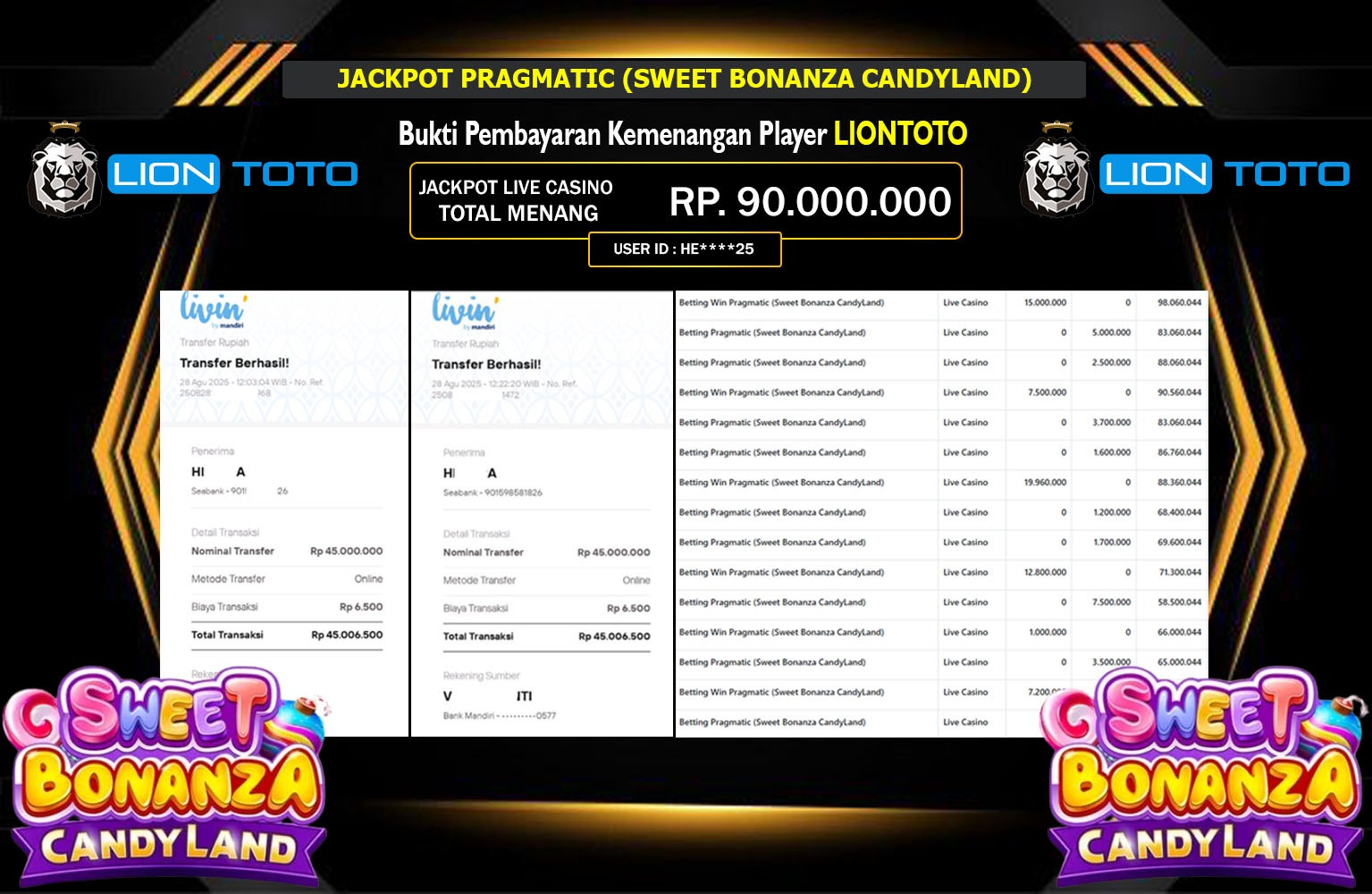 LIONTOTO JACKPOT PRAGMATIC (SWEET BONANZA CANDYLAND) Rp.90.000.000,- LUNAS