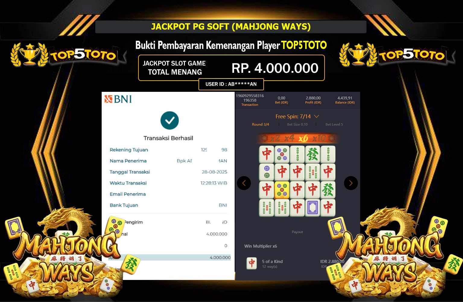 TOP5TOTO JACKPOT PG SOFT (MAHJONG WAYS) Rp.4.000.000,- LUNAS