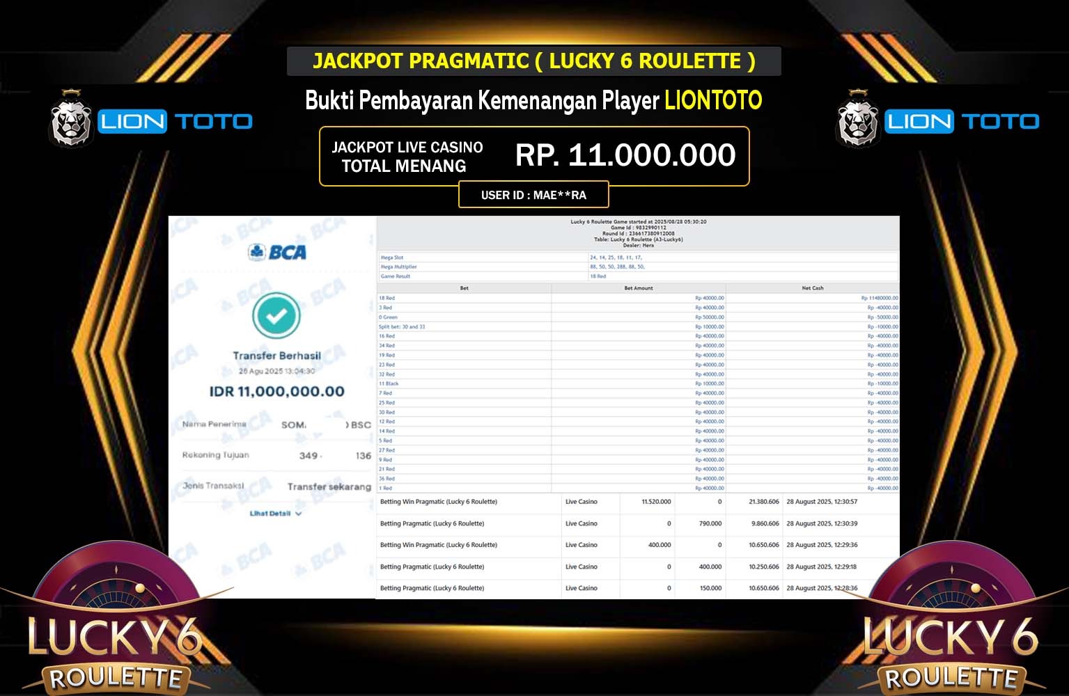 LIONTOTO JACKPOT PRAGMATIC (Lucky 6 Roulette) Rp.11.000.000,- LUNAS