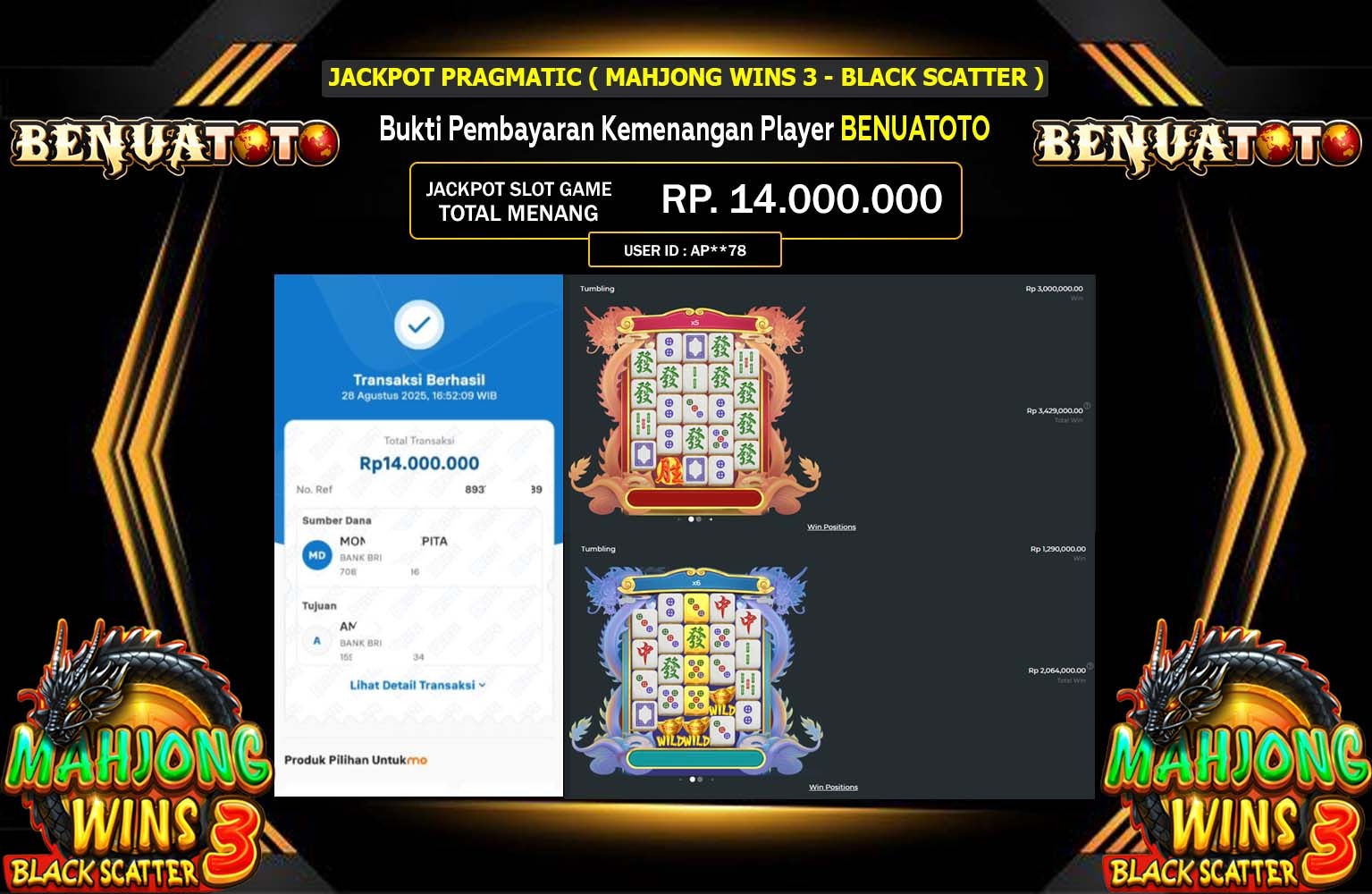 BENUATOTO JACKPOT PG SOFT (Mahjong Wins 3 - Black Scatter) Rp.14.000.000,- LUNAS