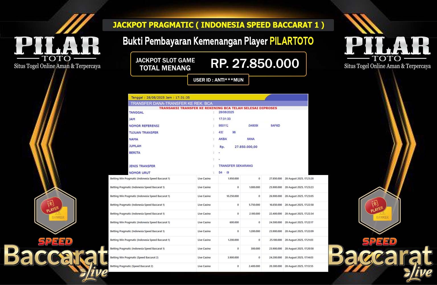 PILARTOTO JACKPOT PRAGMATIC (Indonesia Speed Baccarat 1) Rp.27.850.000,- LUNAS
