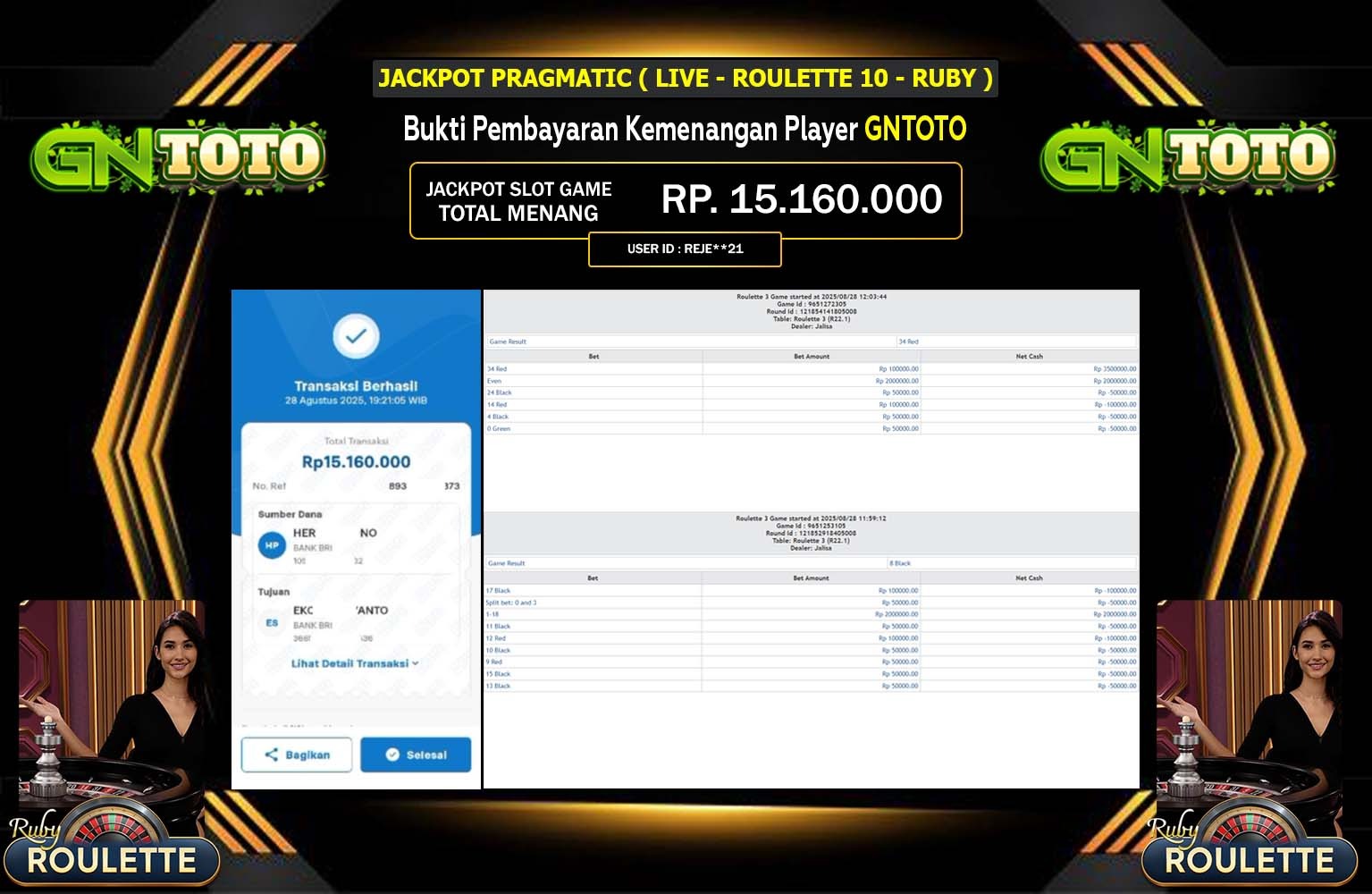 GNTOTO JACKPOT PRAGMATIC (Live - Roulette 10 - Ruby) Rp.15.160.000,- LUNAS