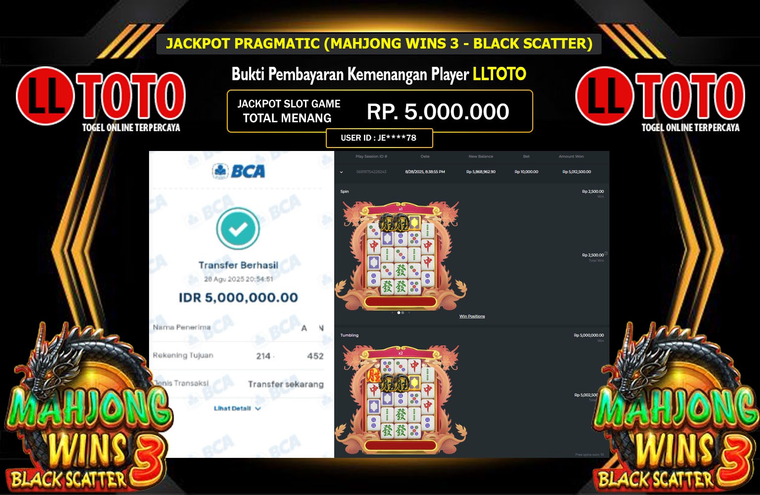 LLTOTO JACKPOT PRAGMATIC (MAHJONG WINS 3 - BLACK SCATTER) Rp.5.000.000,- LUNAS