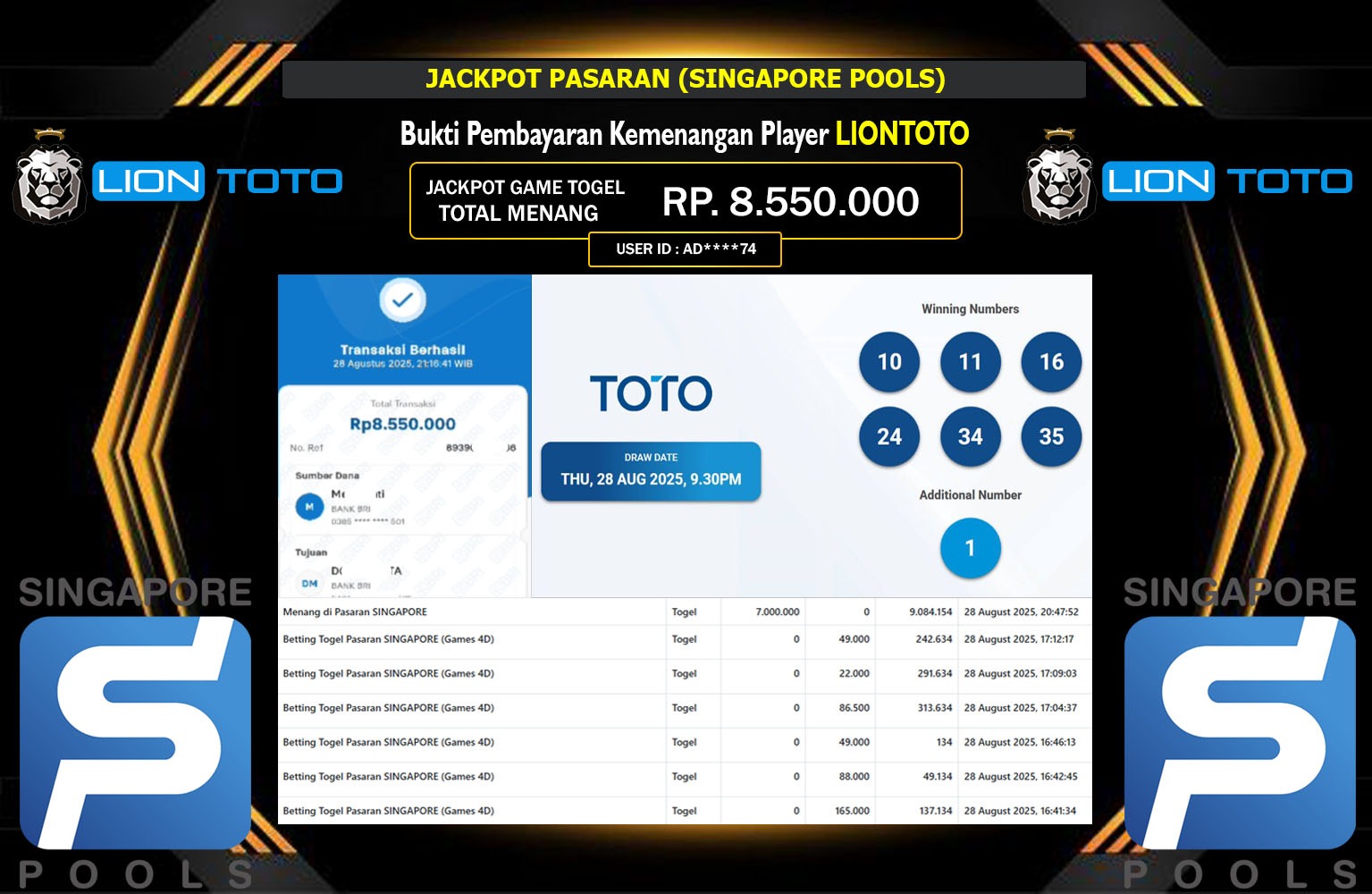 LIONTOTO JACKPOT PASARAN (SINGAPORE POOLS) Rp.8.550.000,- LUNAS