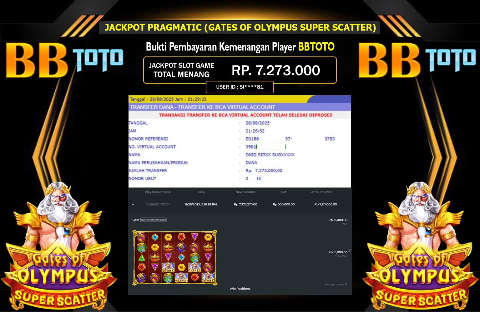 BBTOTO JACKPOT PRAGMATIC (GATES OF OLYMPUS SUPER SCATTER) Rp.7.273.000,- LUNAS