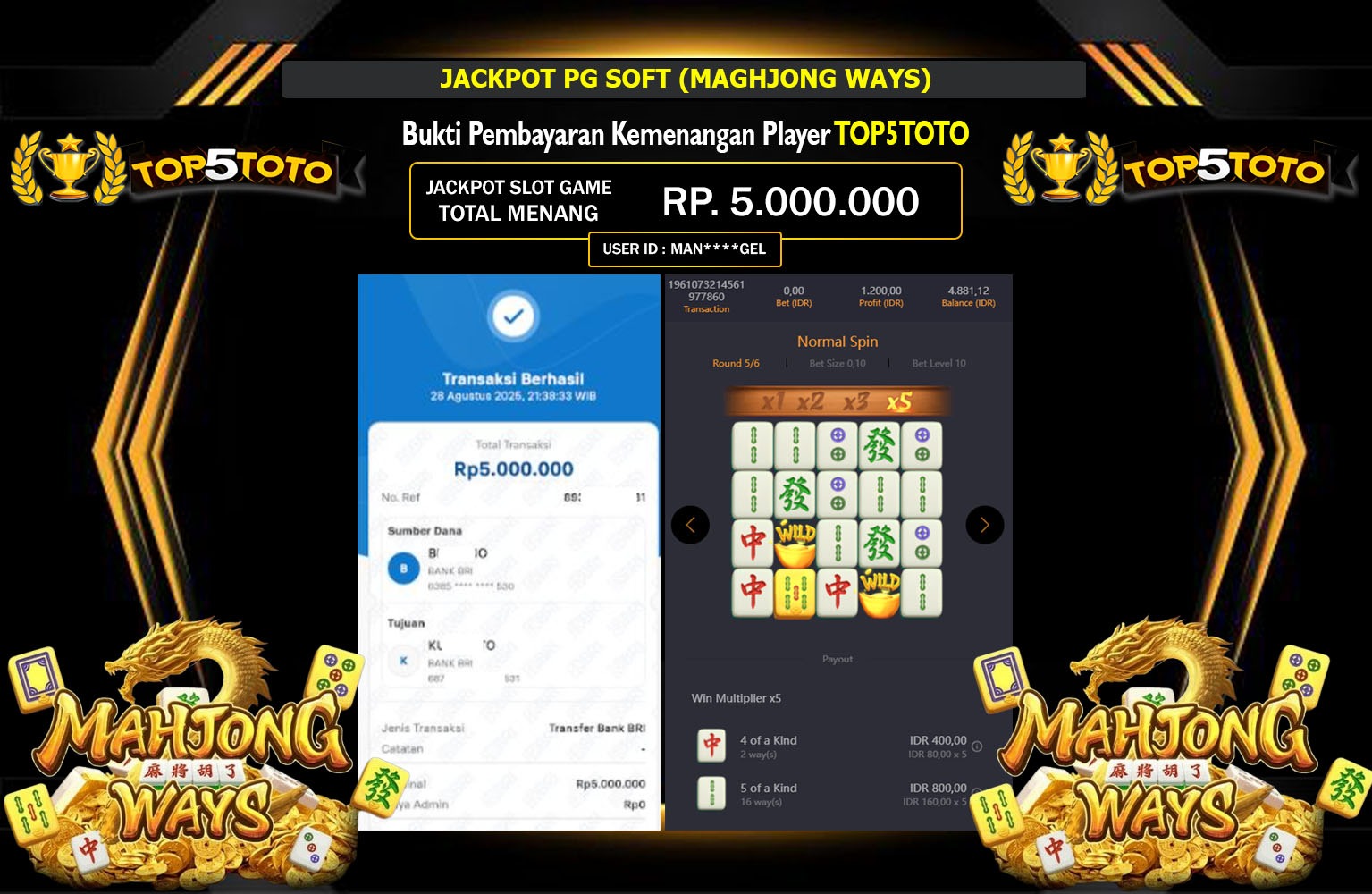TOP5TOTO JACKPOT PG SOFT (MAHJONG WAYS) Rp.5.000.000,- LUNAS