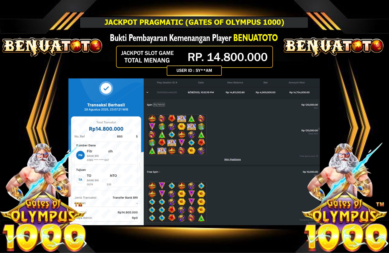 BENUATOTO JACKPOT PRAGMATIC (GATES OF OLYMPUS 1000) Rp.14.800.000,- LUNAS