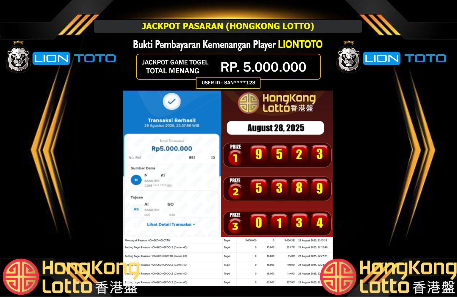 LIONTOTO JACKPOT PASARAN (HONGKONG LOTTO) Rp.5.000.000,- LUNAS