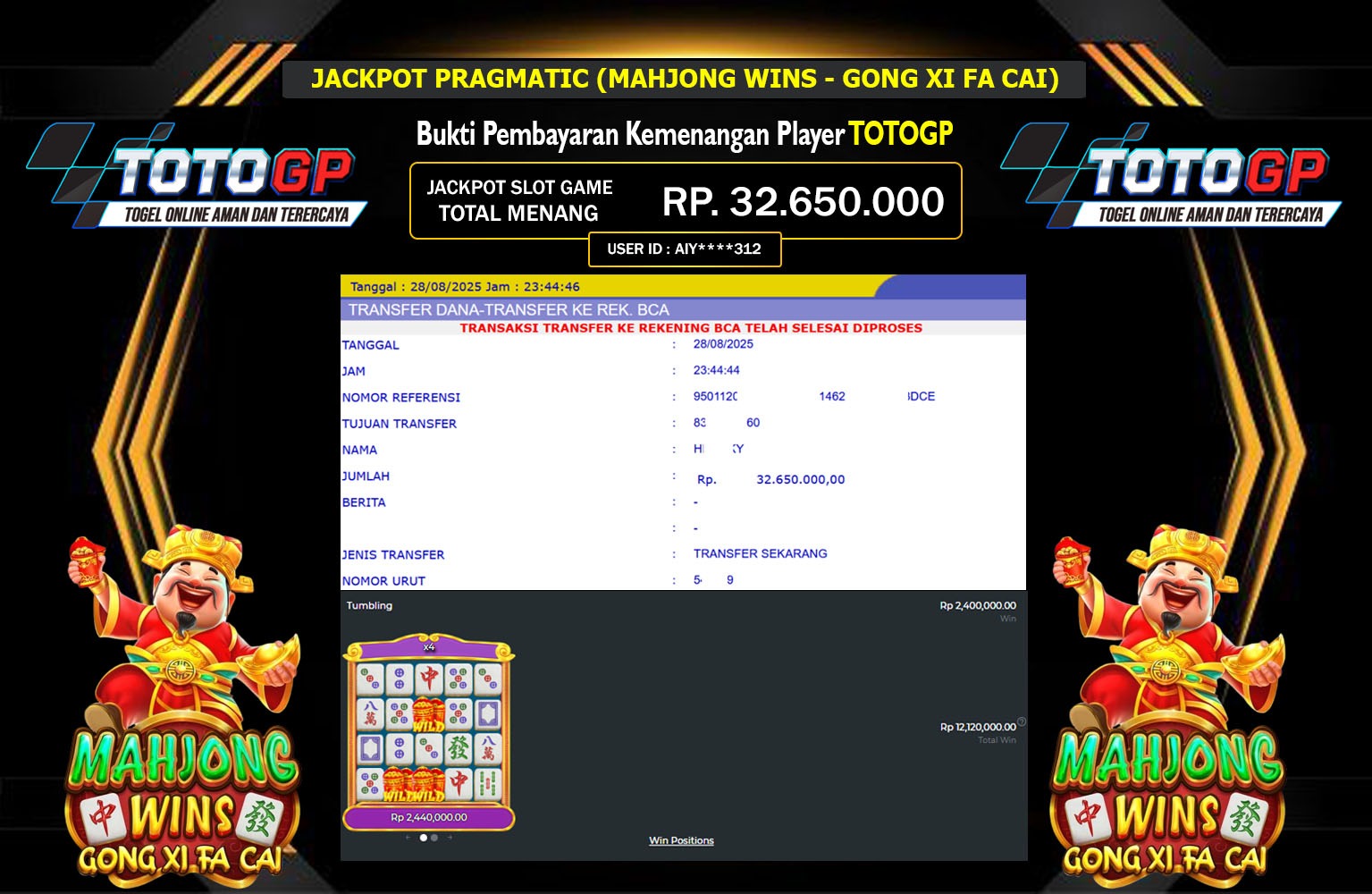 TOTOGP JACKPOT PRAGMATIC (MAHJONG WINS - GONG XI FA CAI) Rp.32.650.000,- LUNAS
