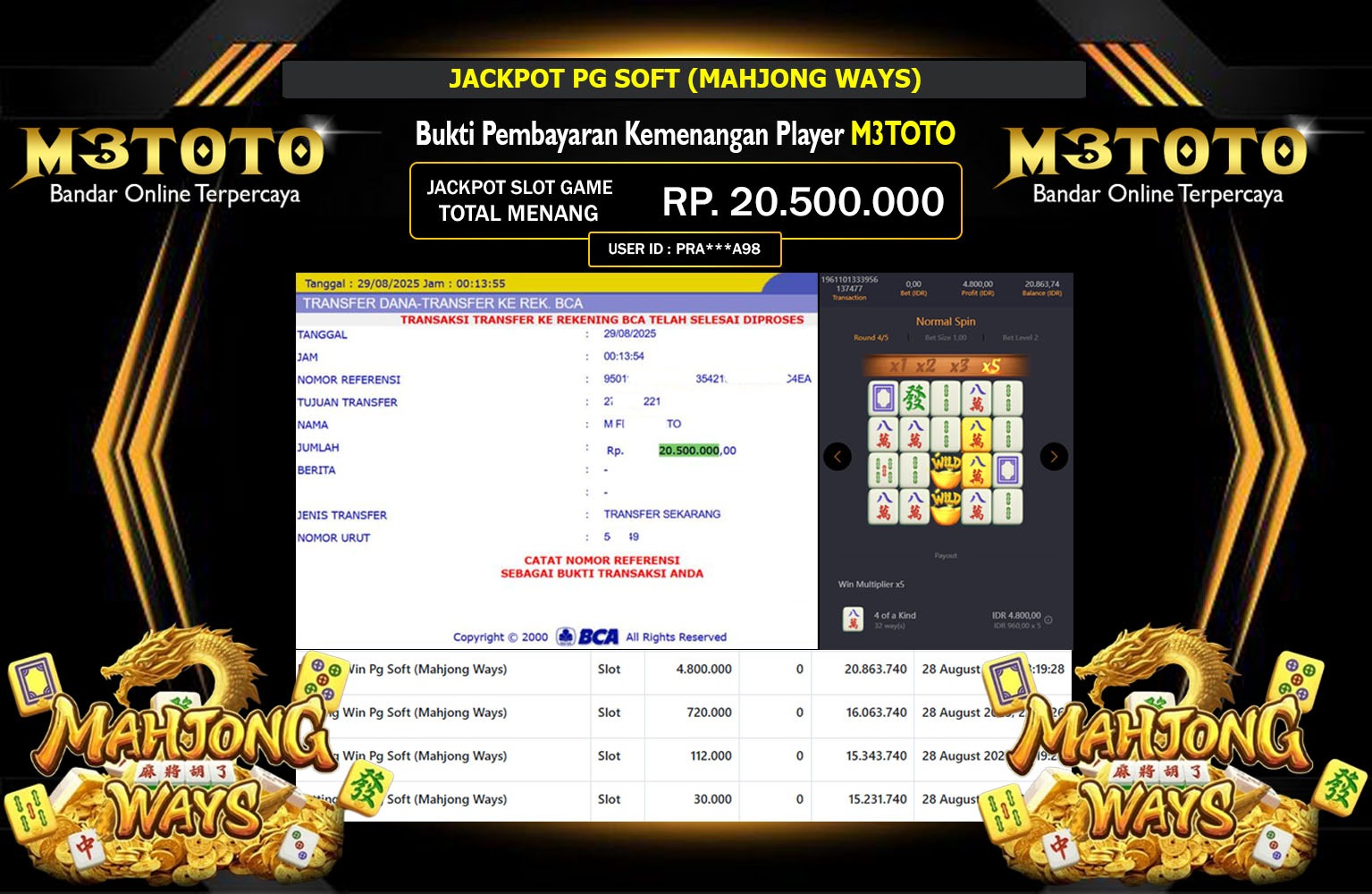 M3TOTO JACKPOT PG SOFT (MAHJONG WAYS) Rp.20.500.000,- LUNAS