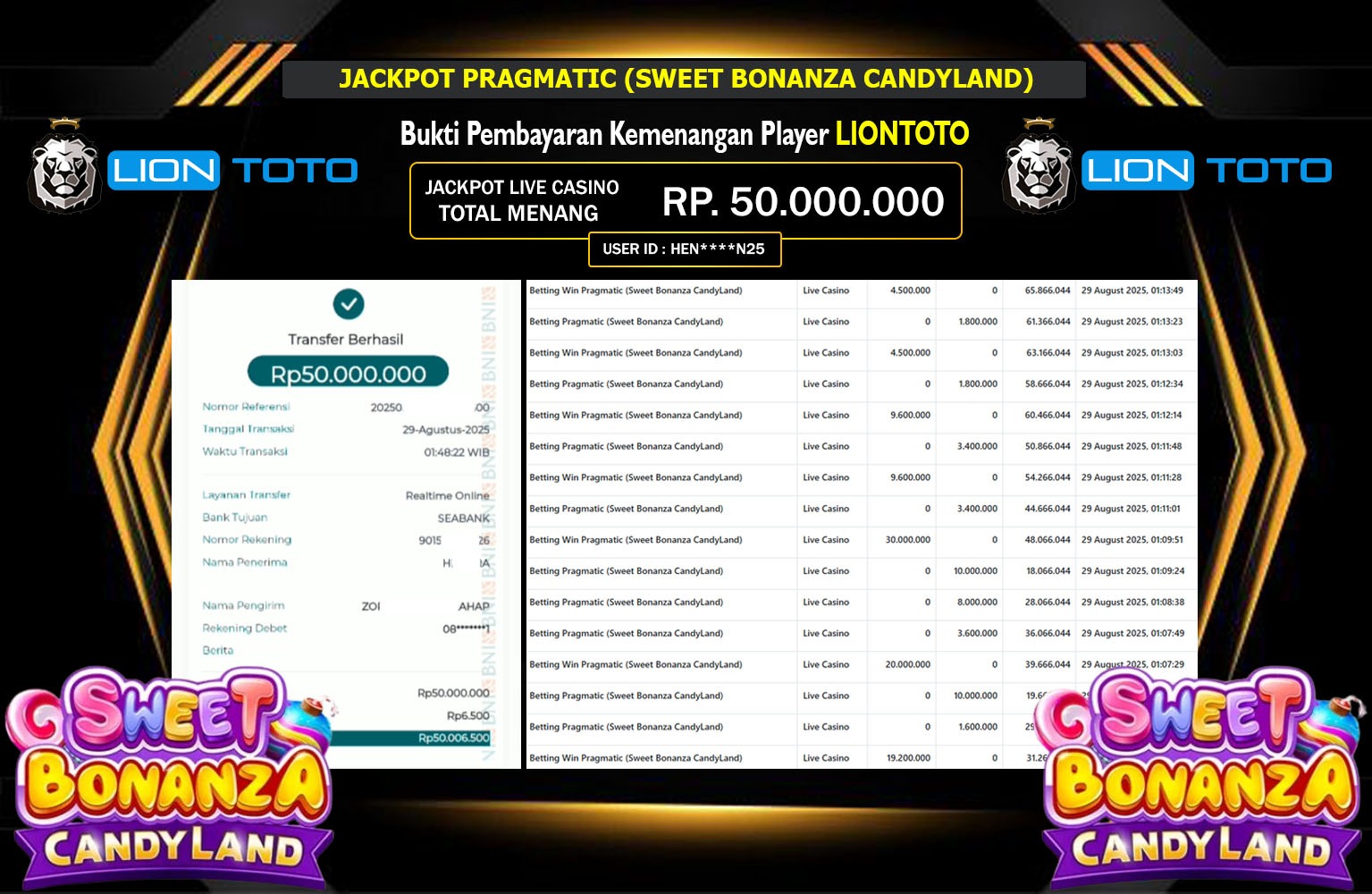 LIONTOTO JACKPOT PRAGMATIC (SWEET BONANZA CANDYLAND) Rp.50.000.000,- LUNAS