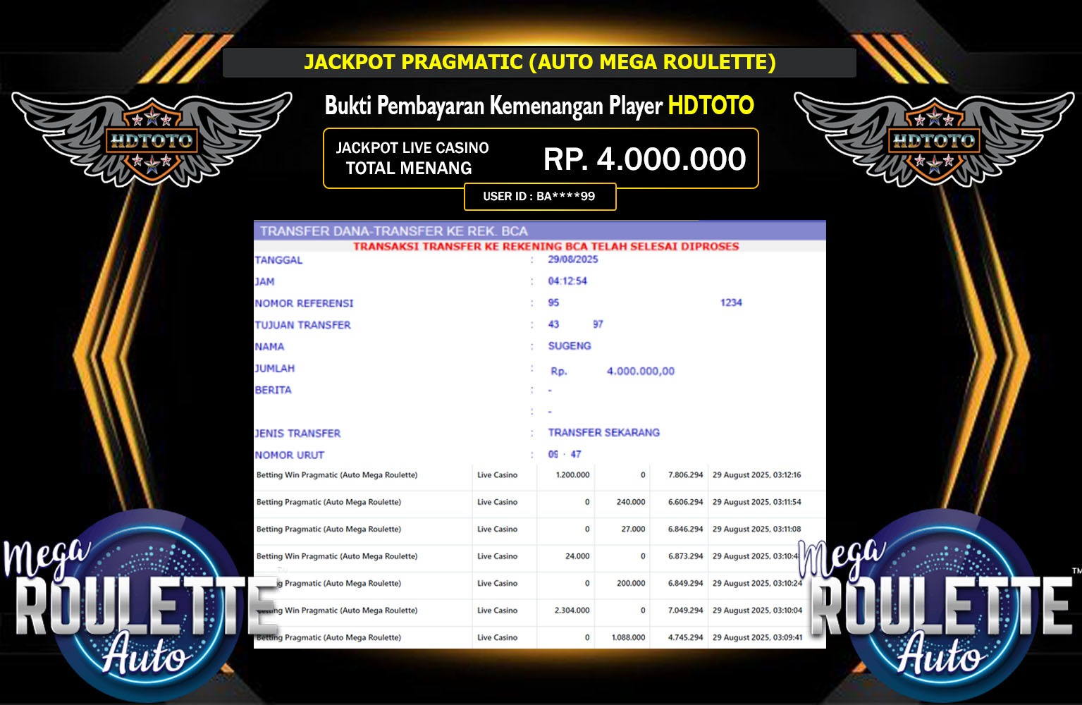 HDTOTO JACKPOT PRAGMATIC (AUTO MEGA ROULETTE) Rp.4.000.000,- LUNAS