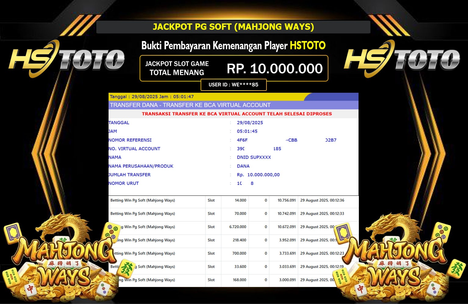 HSTOTO JACKPOT PG SOFT (MAHJONG WAYS) Rp.10.000.000,- LUNAS