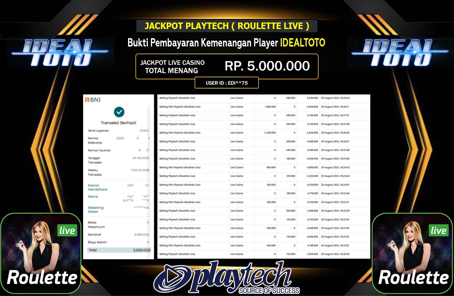 IDEALTOTO JACKPOT PLAYTECH (ROULETTE LIVE) Rp.5.000.000,- LUNAS