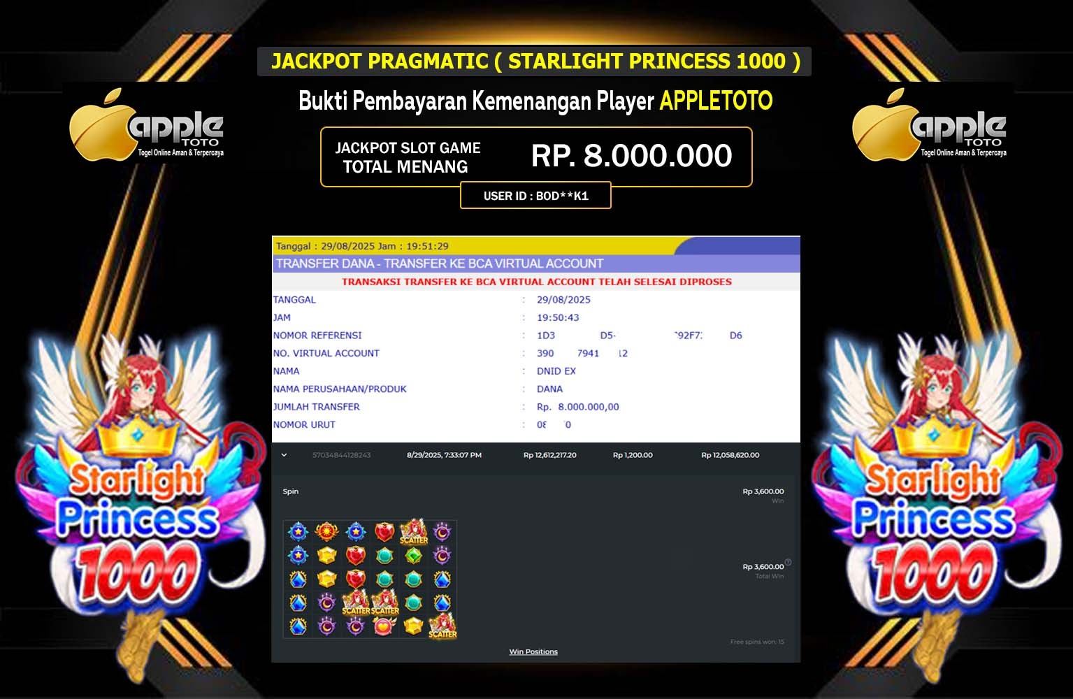 APPLETOTO JACKPOT PRAGMATIC (STARLIGHT PRINCESS 1000) Rp.8.000.000,- LUNAS