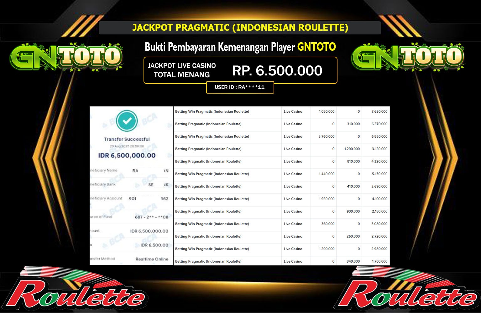 GNTOTO JACKPOT PRAGMATIC (INDONESIAN ROULETTE) Rp.6.500.000,- LUNAS