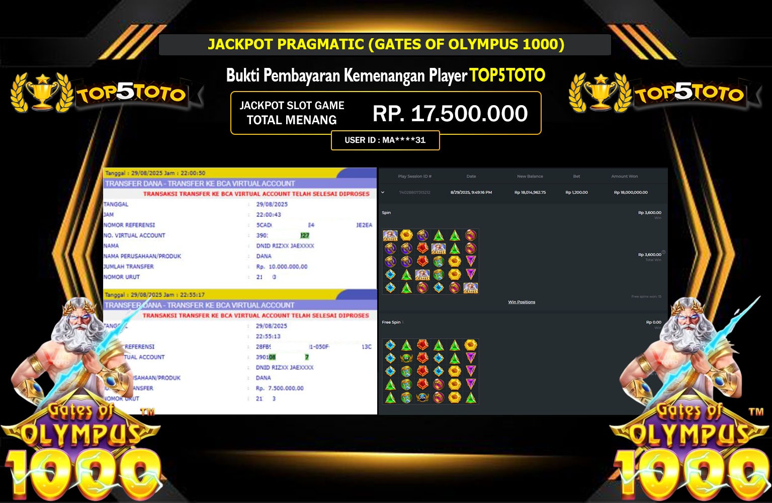 TOP5TOTO JACKPOT PRAGMATIC (GATES OF OLYMPUS 1000) Rp.17.500.000,- LUNAS