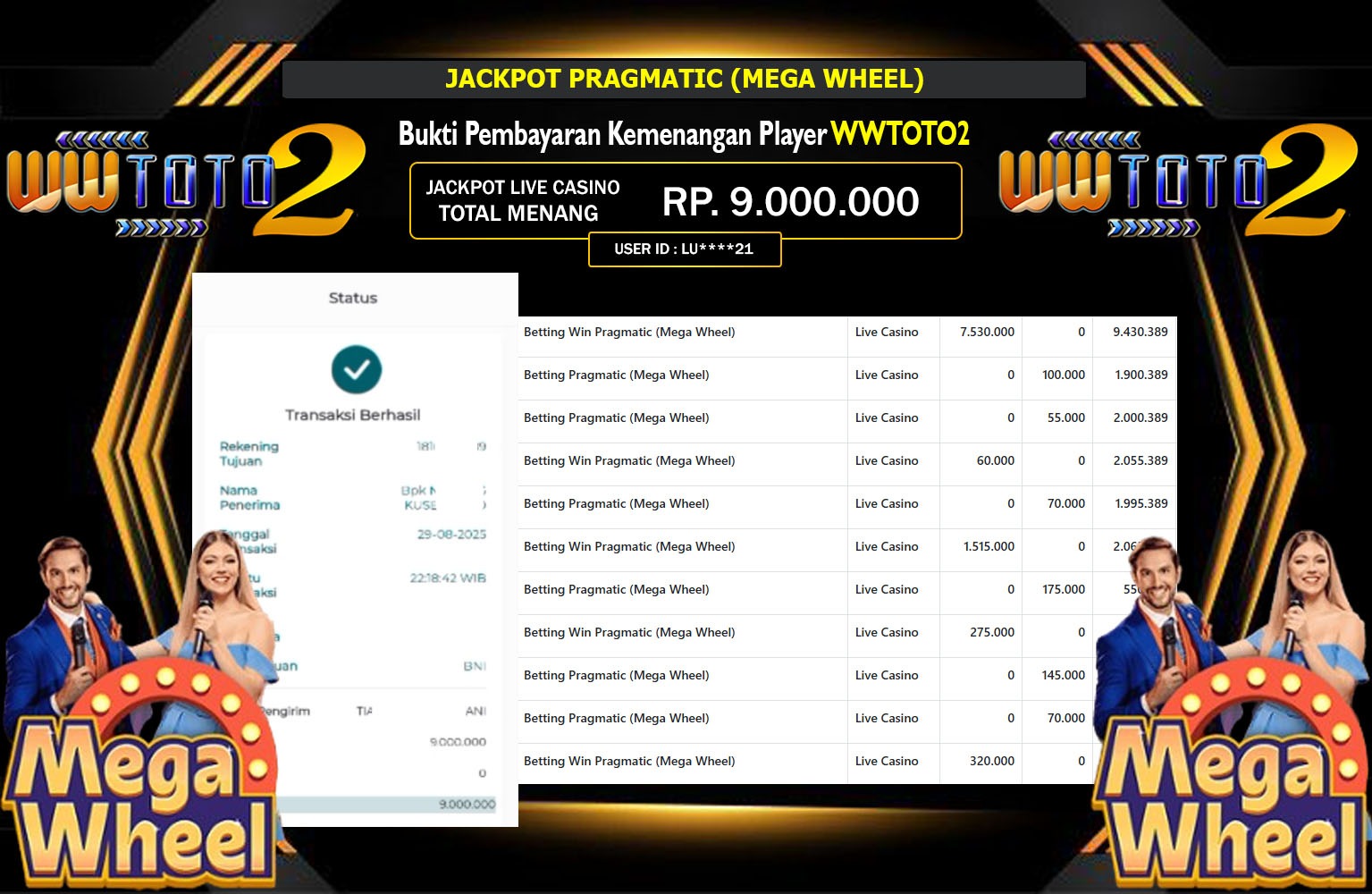 WWTOTO2 JACKPOT PRAGMATIC (MEGA WHEEL) Rp.9.000.000,- LUNAS