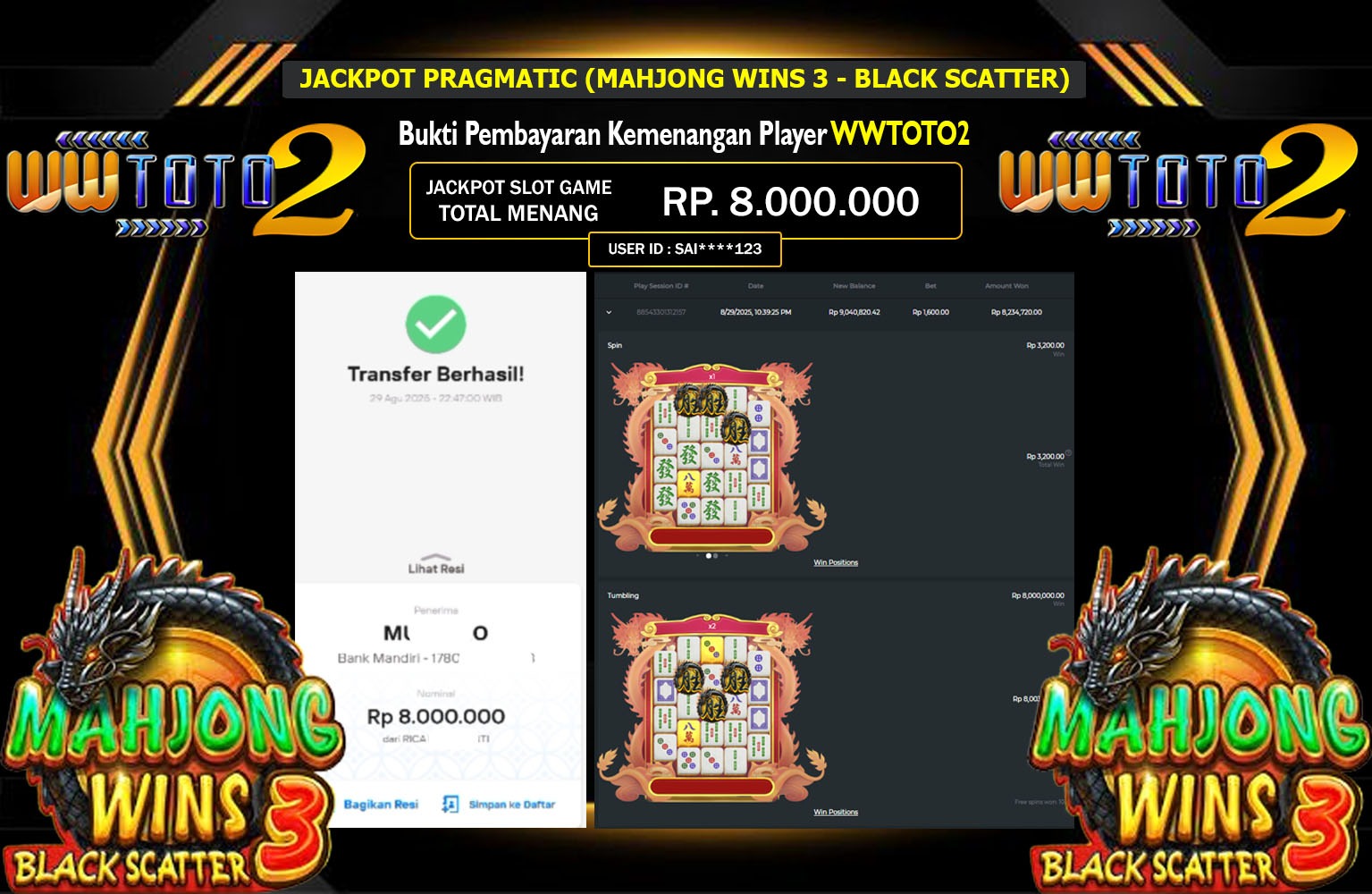 WWTOTO2 JACKPOT PRAGMATIC (MAHJONG WINS 3 - BLACK SCATTER) Rp.8.000.000,- LUNAS