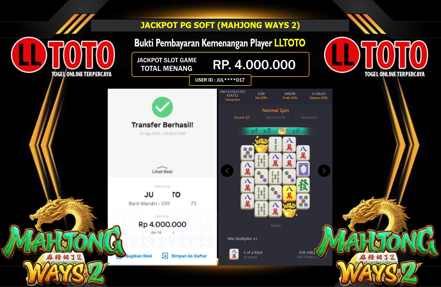 LLTOTO JACKPOT PG SOFT (MAHJONG WAYS 2) Rp.4.000.000,- LUNAS