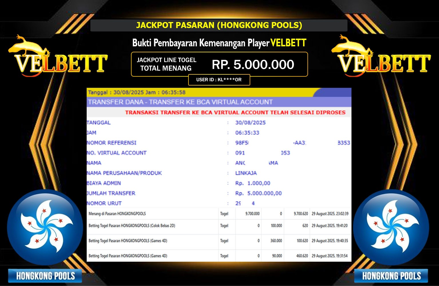VELBETT JACKPOT PASARAN (HONGKONG POOLS) Rp.5.000.000,- LUNAS