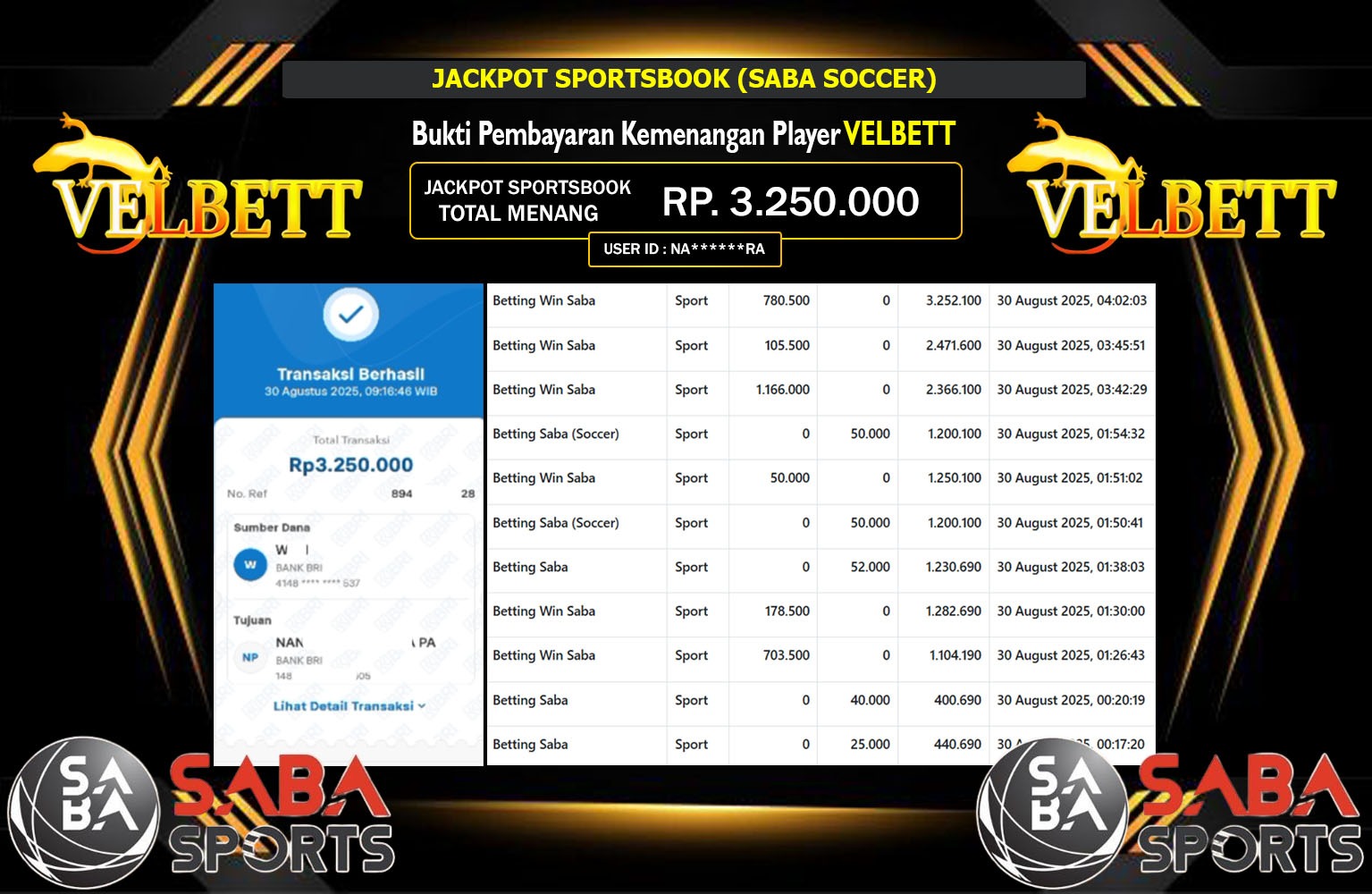 VELBETT JACKPOT SPORTSBOOK (SABA SOCCER) Rp.3.250.000,- LUNAS