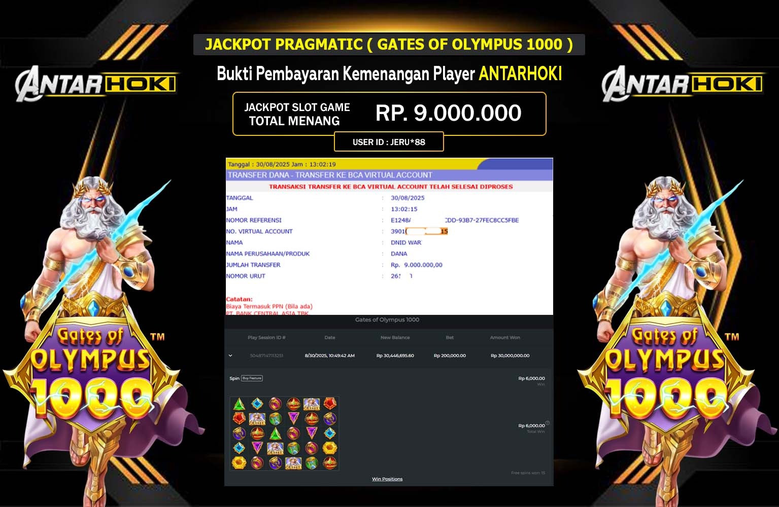 ANTARHOKI JACKPOT PRAGMATIC (GATES OF OLYMPUS 1000) Rp.9.000.000,- LUNAS