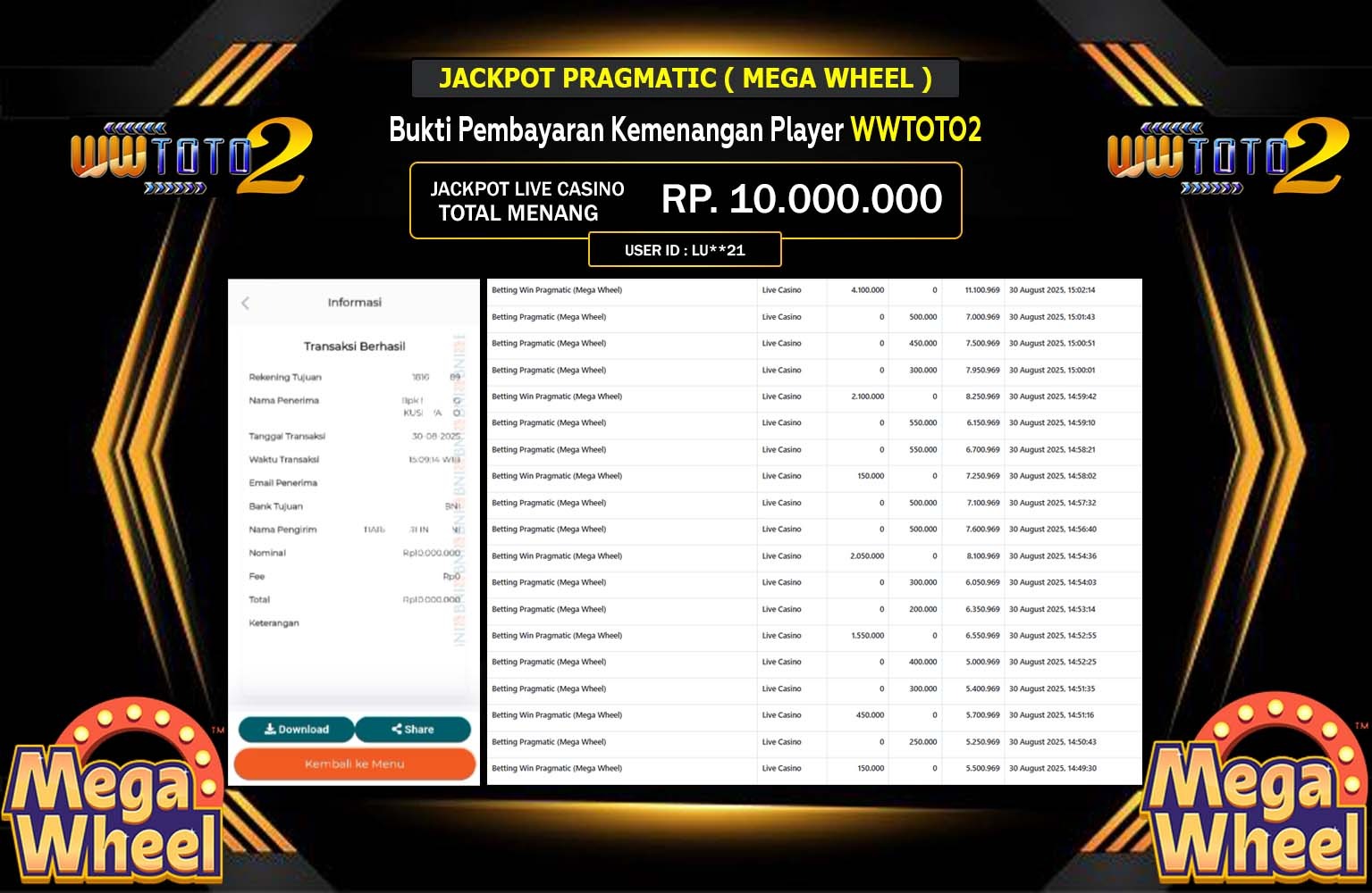 WWTOTO2 JACKPOT LIVE CASINO (MEGA WHEEL) Rp.10.000.000,- LUNAS