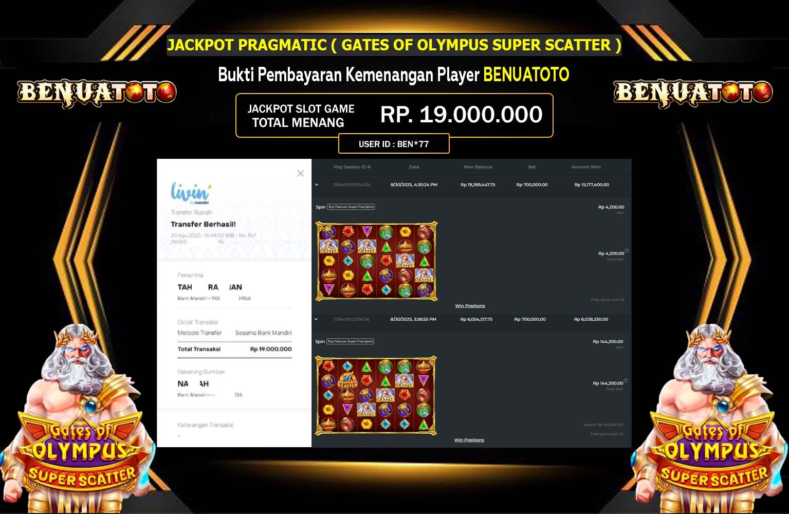 BENUATOTO JACKPOT PRAGMATIC (Gates of Olympus Super Scatter) Rp.19.000.000,- LUNAS