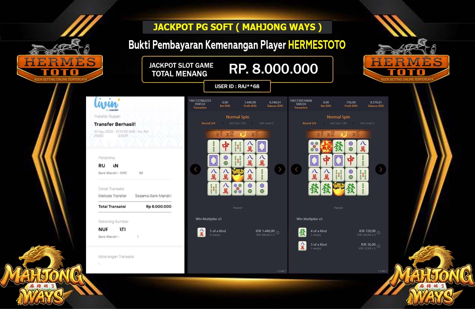 HERMESTOTO JACKPOT PG SOFT (MAHJONG WAYS) Rp.8.000.000,- LUNAS