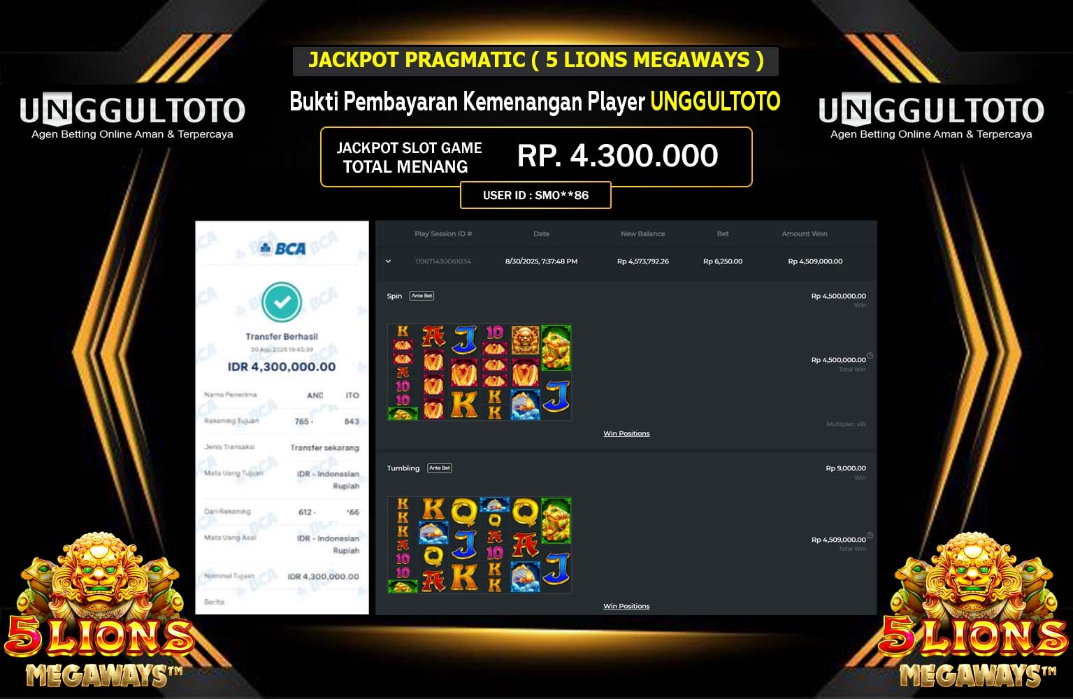 UNGGULTOTO JACKPOT PRAGMATIC (5 LIONS MEGAWAYS) Rp.4.300.000,- LUNAS