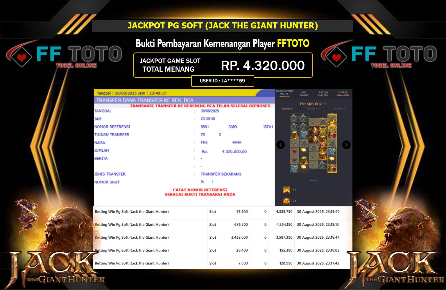 FFTOTO JACKPOT PG SOFT (JACK THE GIANT HUNTER) Rp.4.320.000,- LUNAS