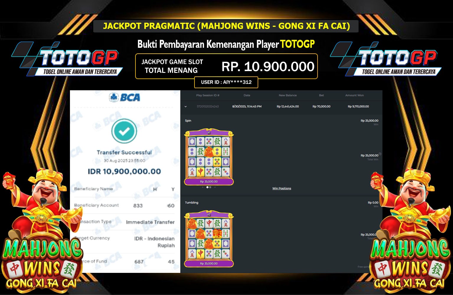 TOTOGP JACKPOT PRAGMATIC (MAHJONG WINS - GONG XI FA CAI) Rp.10.900.000,- LUNAS